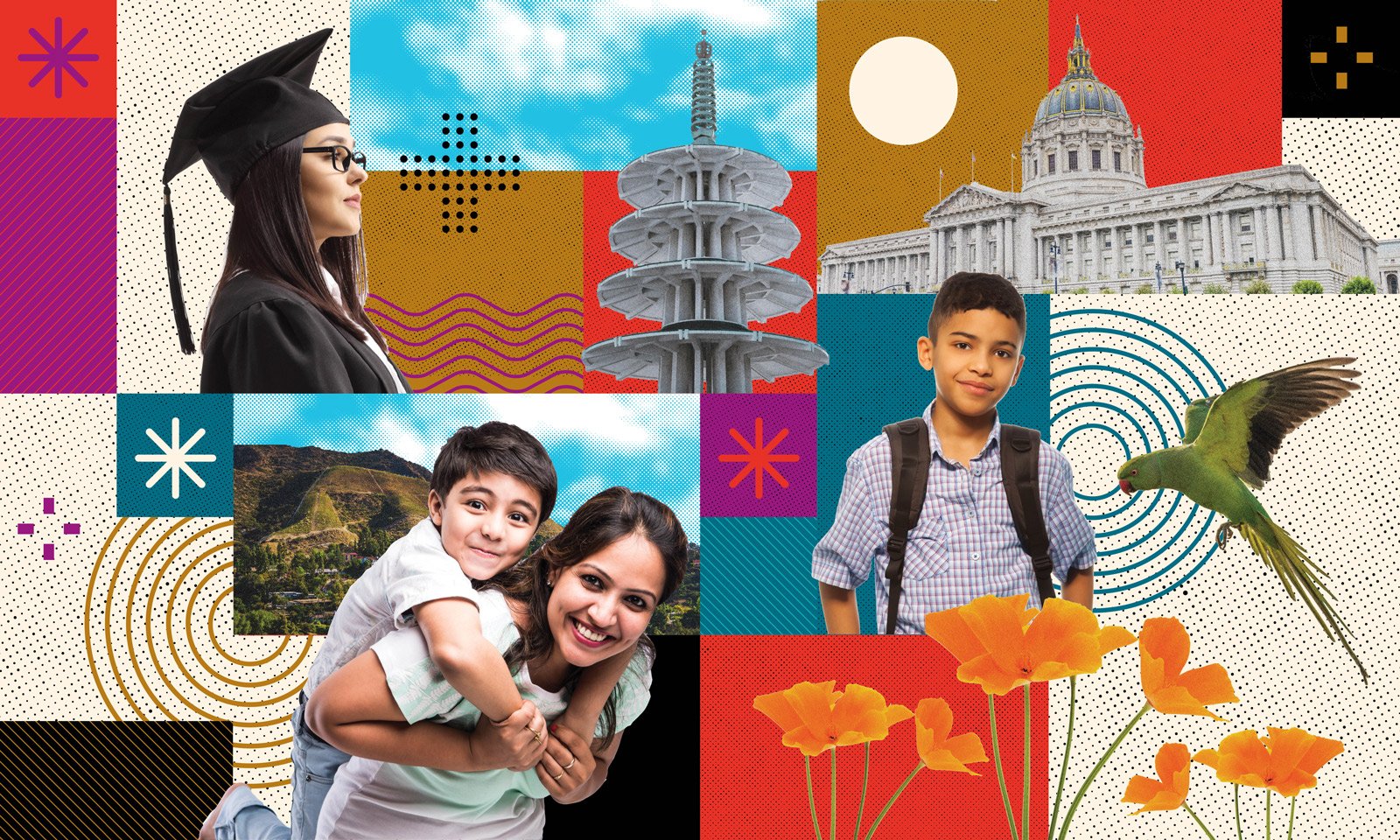 collage of san francisco buildings and people