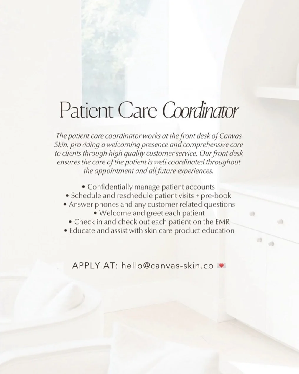 Join the Canvas Skin Team.
We are seeking a Patient Care Coordinator to help create a seamless, refined experience for every client who walks through our doors. 🦢

If you are interested, send your resume to hello@canvas-skin.co