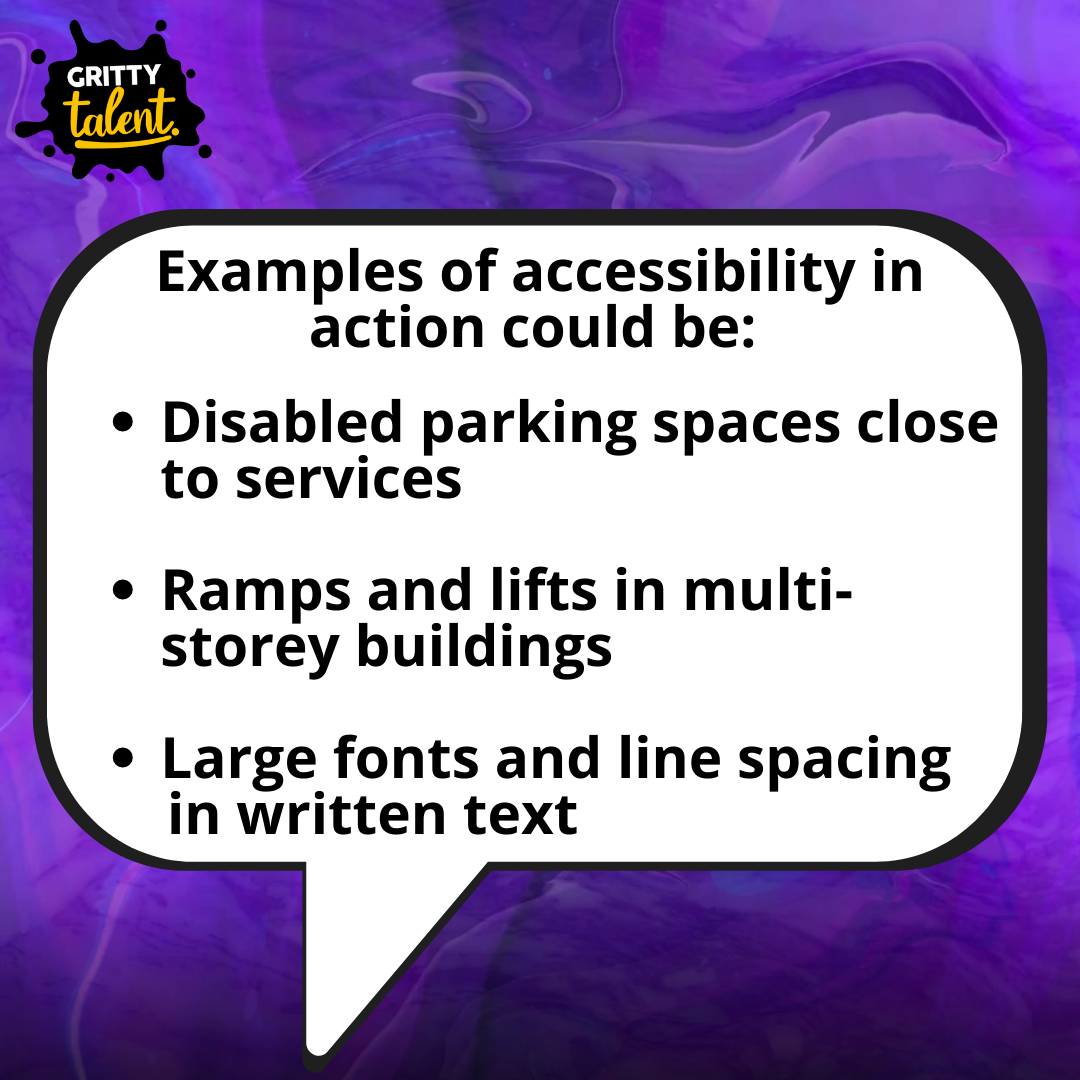 Examples of accessibility in action could be:   Disabled parking spaces close to services  Ramps and lifts in multi-storey buildings  Large fonts and line spacing        in written text
