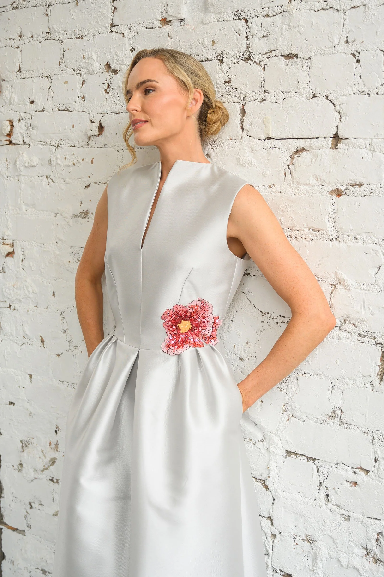 Victoria Dress in silver taffeta