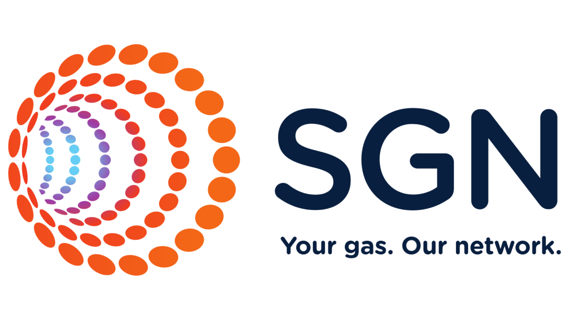 SGN logo with a circular shape of orange dots and a blue glowing inner circle, followed by the text 'SGN' and the tagline 'Your gas. Our network.' in dark blue.