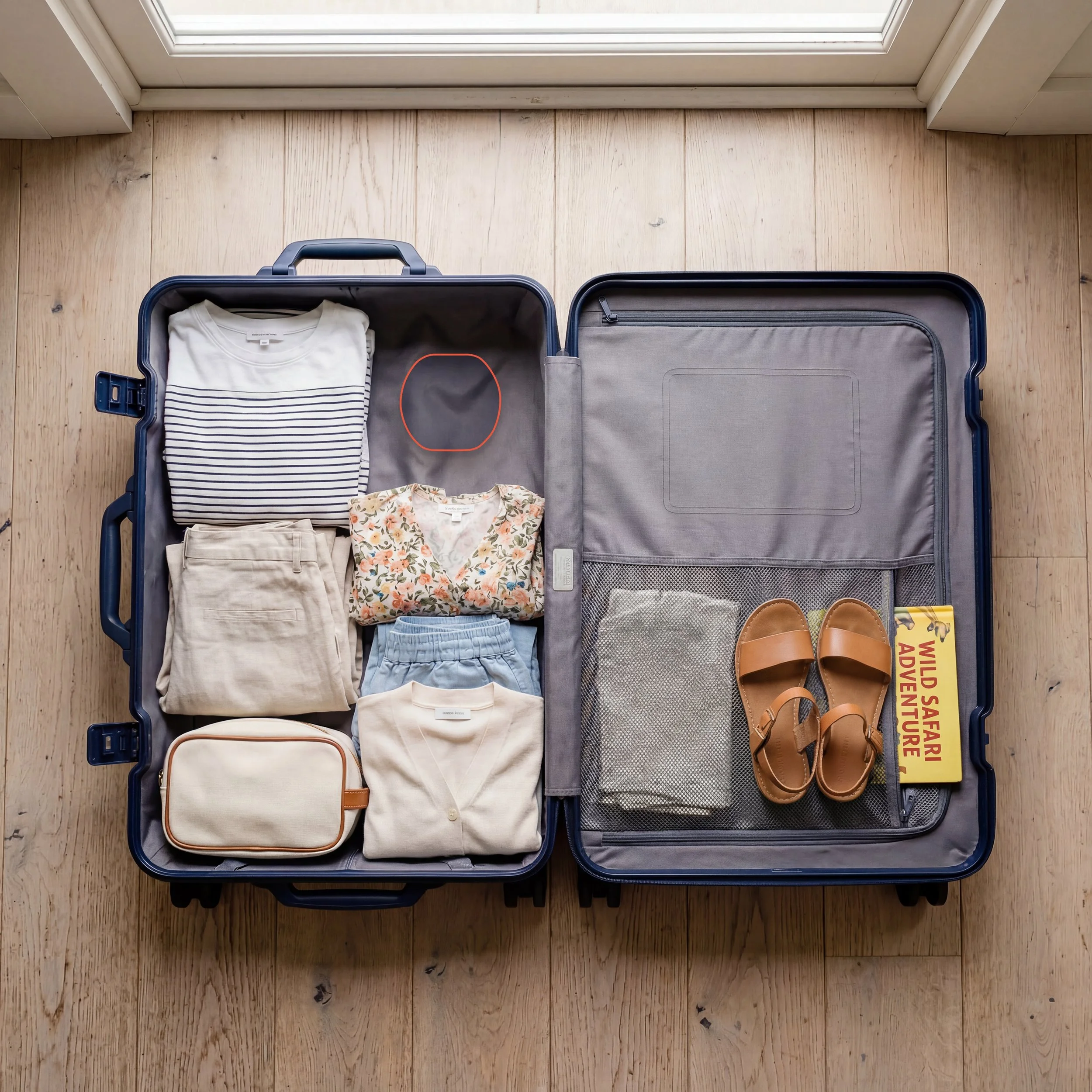 An open suitcase on a wooden floor contains folded clothing, a pair of brown sandals, and a yellow brochure with red text.