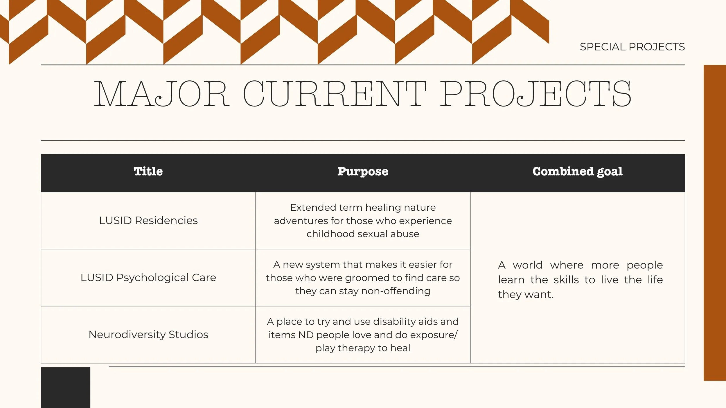 Spreadsheet titled 'Major Current Projects' with columns for Title, Purpose, and Combined goal. Entries include 'LUSD Residencies,' 'LUSD Psychological Care,' and 'Neurodiversity Studios'.