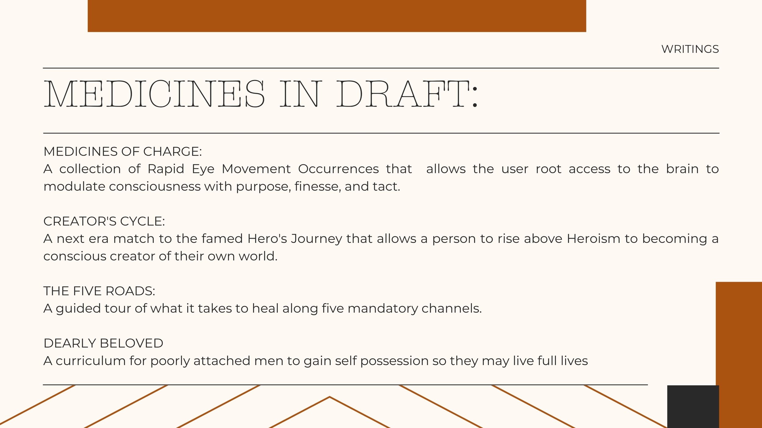 Part of a text-heavy page titled 'Medicines in Draft' with sections discussing medicines of charge, creator's cycle, five roads, and dearly beloved, decorated with brown borders and geometric patterns at the top and bottom.