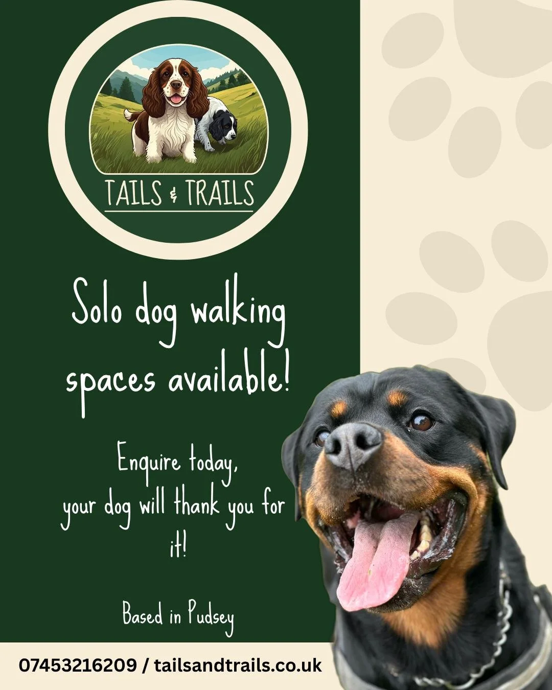 🐾 Solo Dog Walks &ndash; Just Your Dog &amp; I 🐾

Some dogs need space. Some just love their own walk.

At Tails and Trails, we offer solo walks tailored to your dog&rsquo;s needs &ndash; calm, focused, and enriching.

✨ Why choose us?
✔️ Experienc