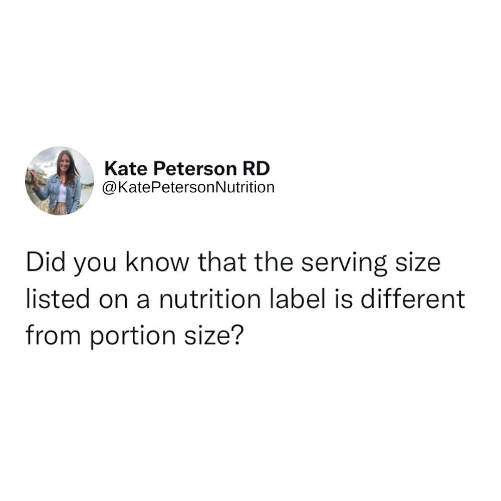 Do you ever feel guilty for eating more than the serving size listed on a nutrition label? 

Worry no more...did you know that SERVING size and PORTION size are two different things?!

If a nutrition label says a 1/2 cup for one serving, that's the s
