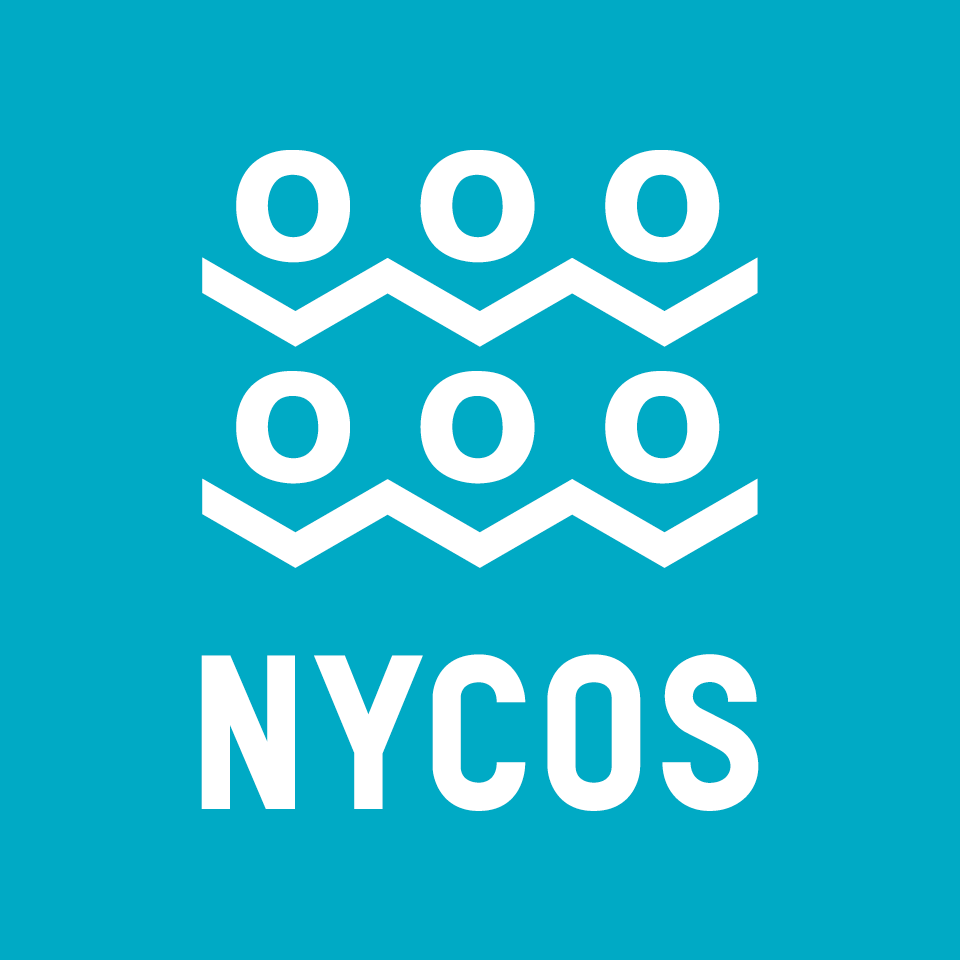 Logo with six interconnected circles and zigzag lines, and the text 'NYCOS' underneath, on a teal background.