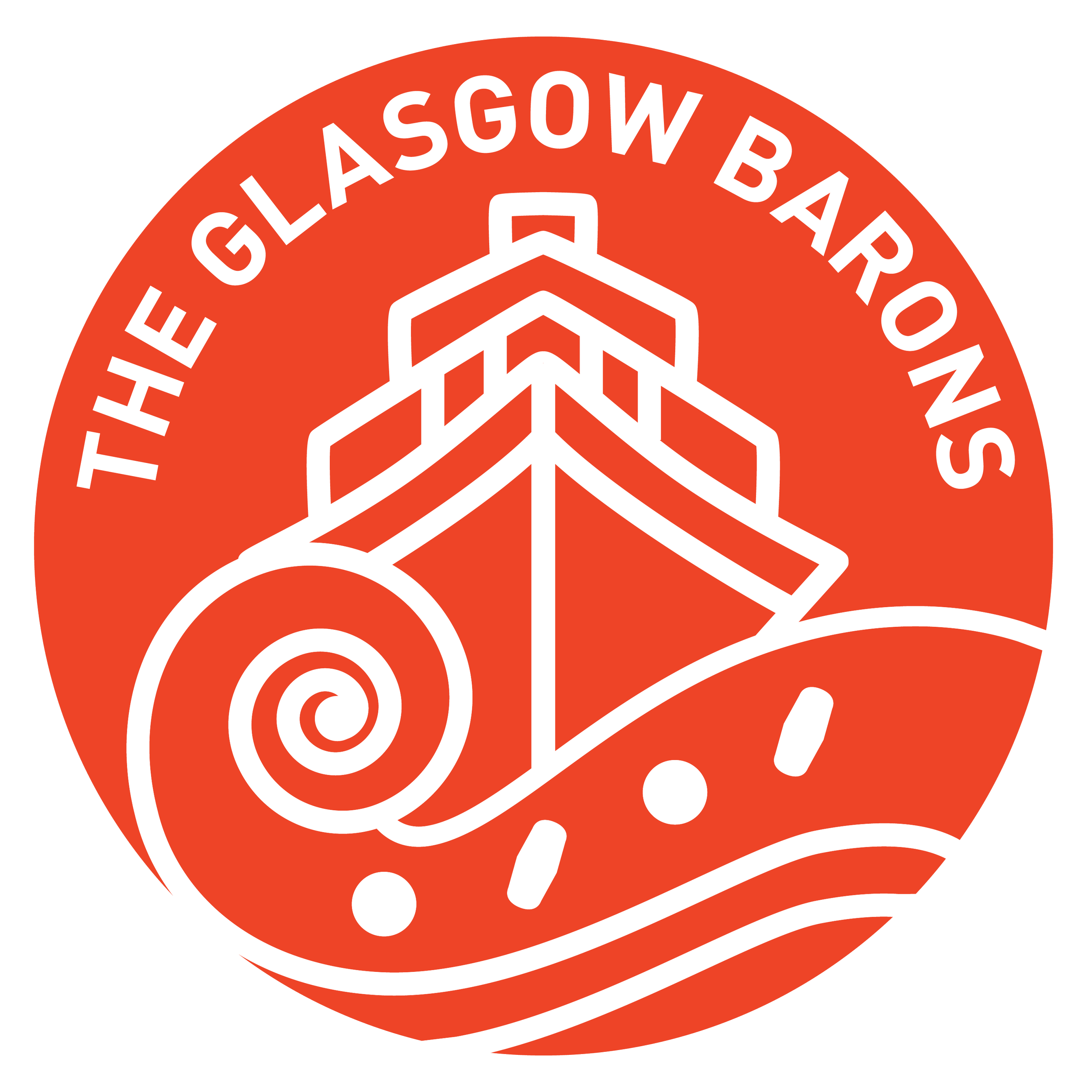 Red circular logo for The Glasgow Barons featuring a stylized white ship with a spiral on the left side and waves at the bottom, with the text "The Glasgow Barons" arched around the top.