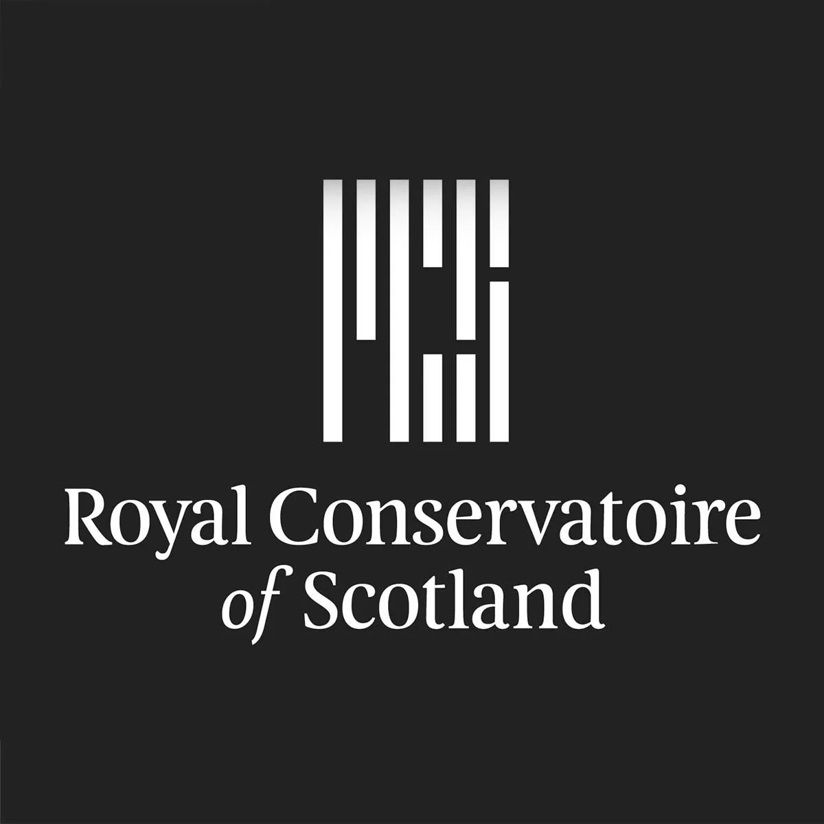 Logo of the Royal Conservatoire of Scotland with a black background and a barcode-like emblem in white above the text.