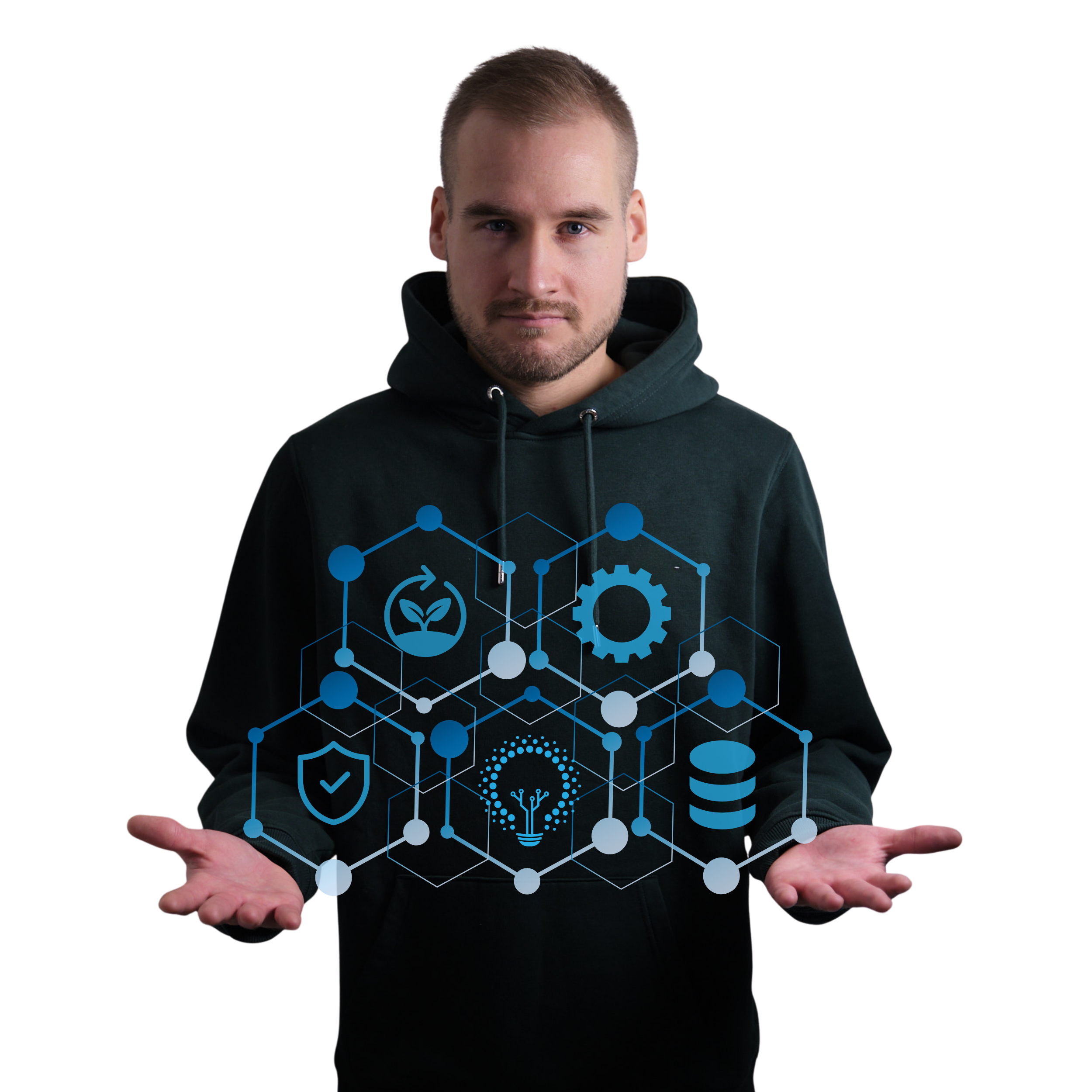 A young man in a black hoodie presents a graphic of interconnected blue icons related to technology, environment, and innovation, with open hands. The young man is Patrik Jokiharju, Founder and CEO of Complite.