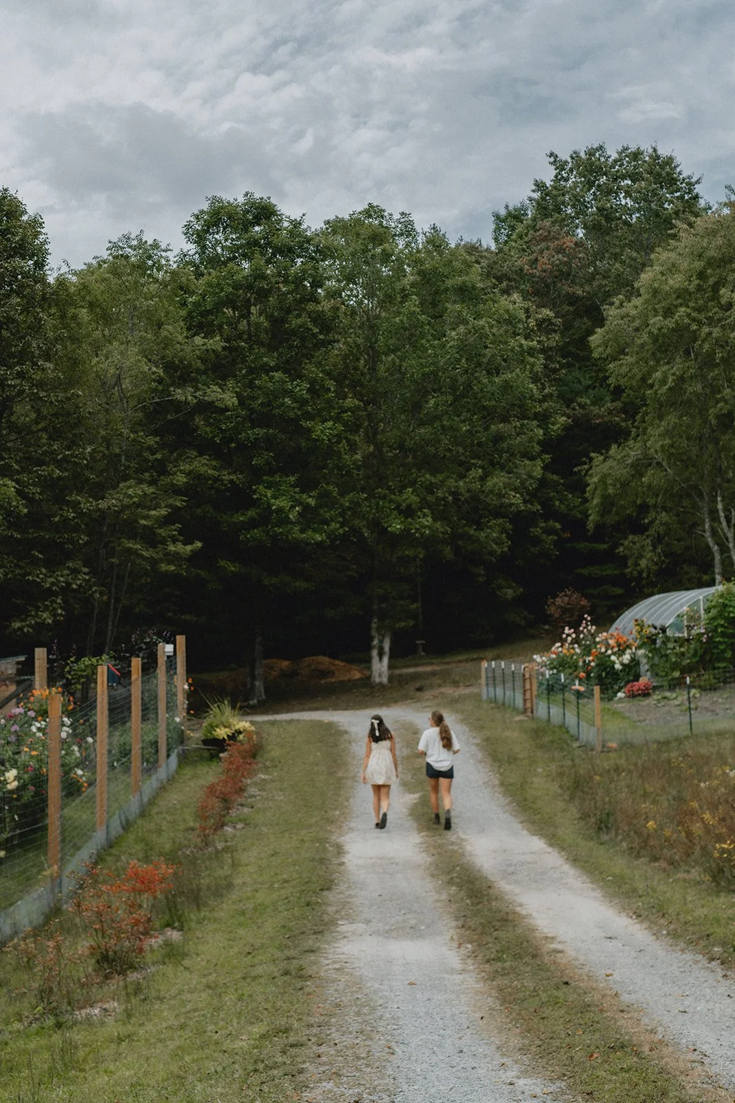 Two girls walking down a dirt path with trees and flower gardens on either side in a rural outdoor setting.