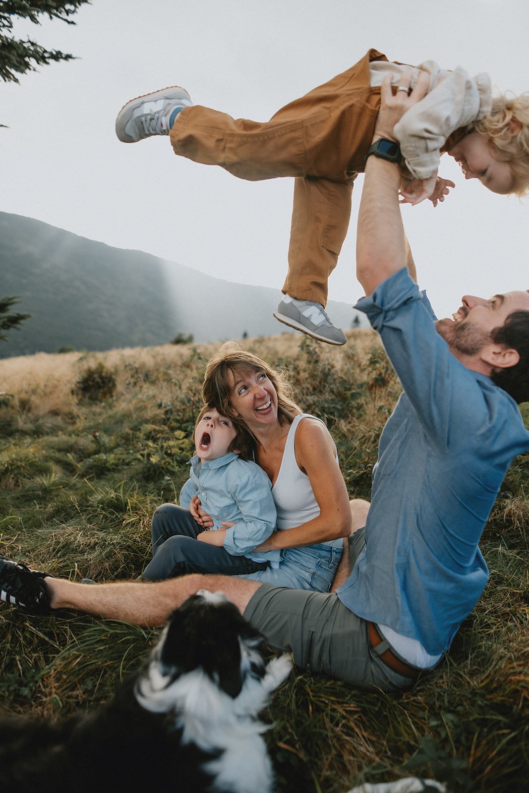 Family playing and laughing outdoors on a grassy field, with mountains in the background, as a man lifts a child into the air.