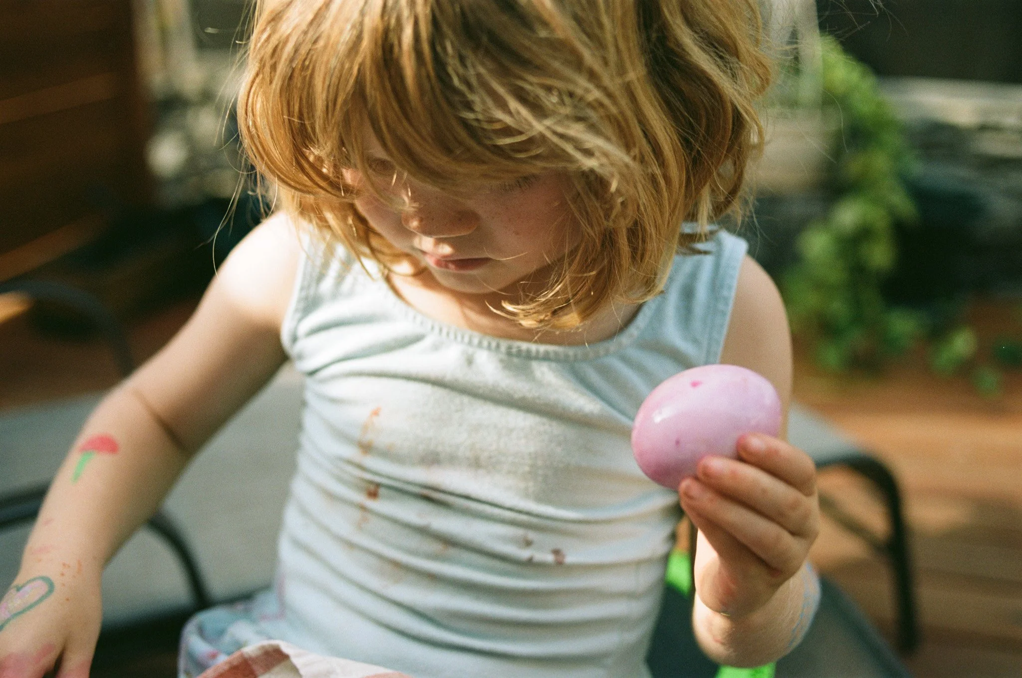 A five year old girl in a pale blue dress is dying easter eggs in her back yard in Asheville. The picture is rendered on Portra film.