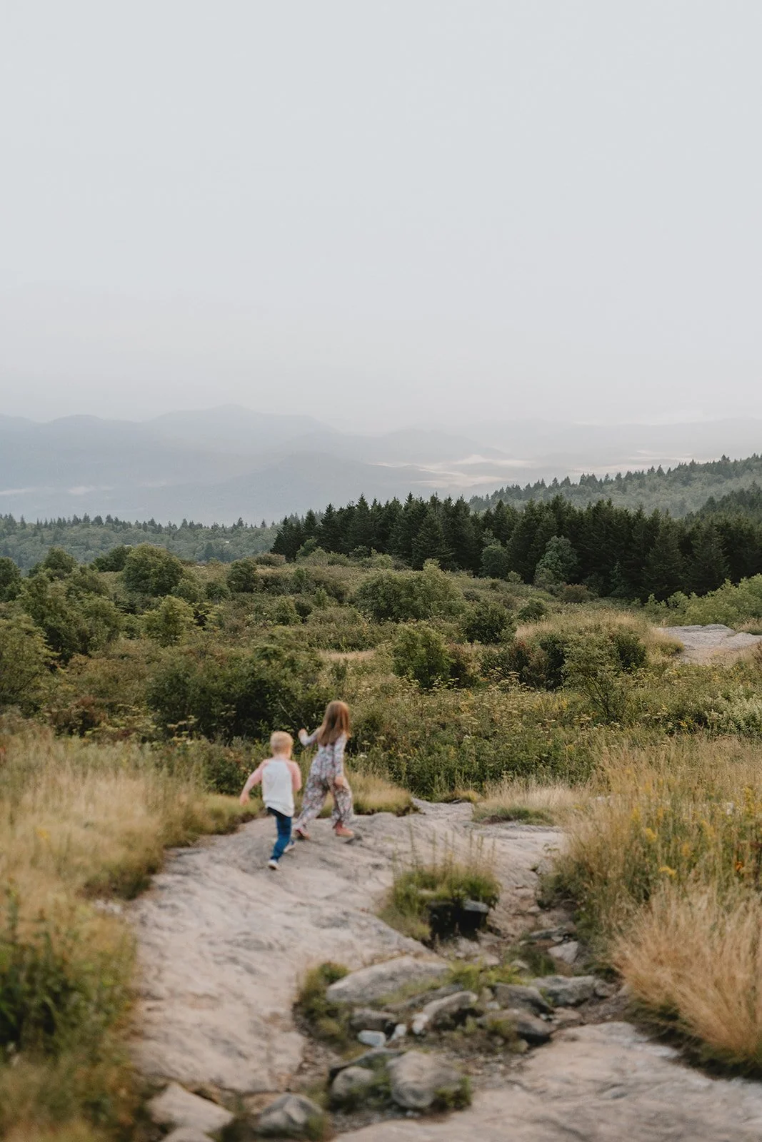 Two children, a girl and a boy, running on a rocky trail in a lush green landscape with rolling hills and trees, under an overcast sky.