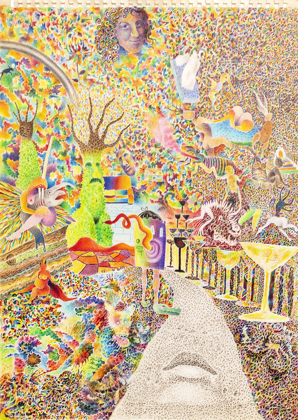 Brightly decorated with spots &amp; swirls &amp; images of body parts &amp; bright green trees resembling humans. A grey path with a mouth, leads into the piece &amp; is flanked by champagne glasses. 