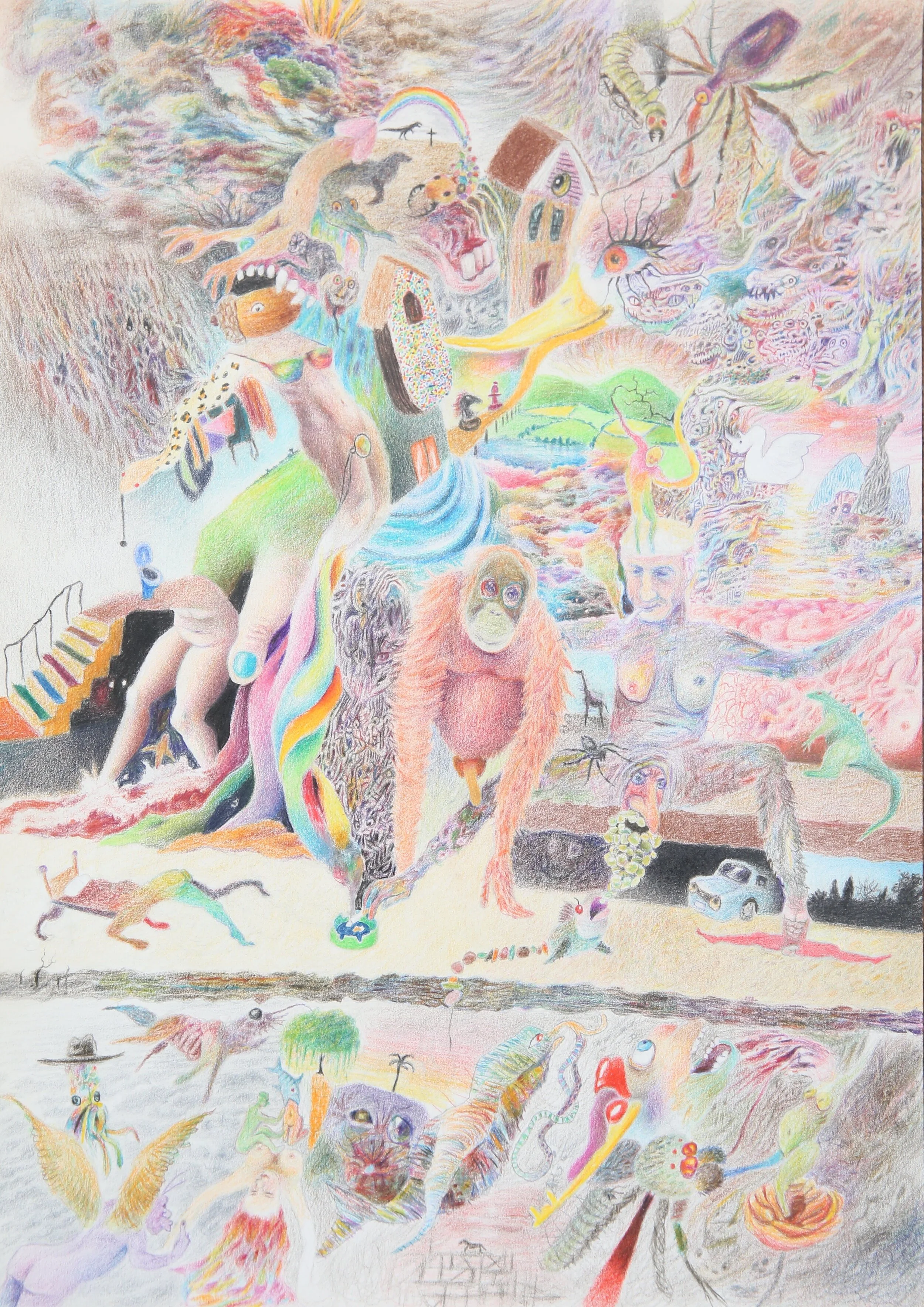 Pastel coloured, densely packed piece with a multitude of imagery including body parts, rainbows, animals &amp; cars leading down to a road &amp; then the sea, with creatures swimming in it. 