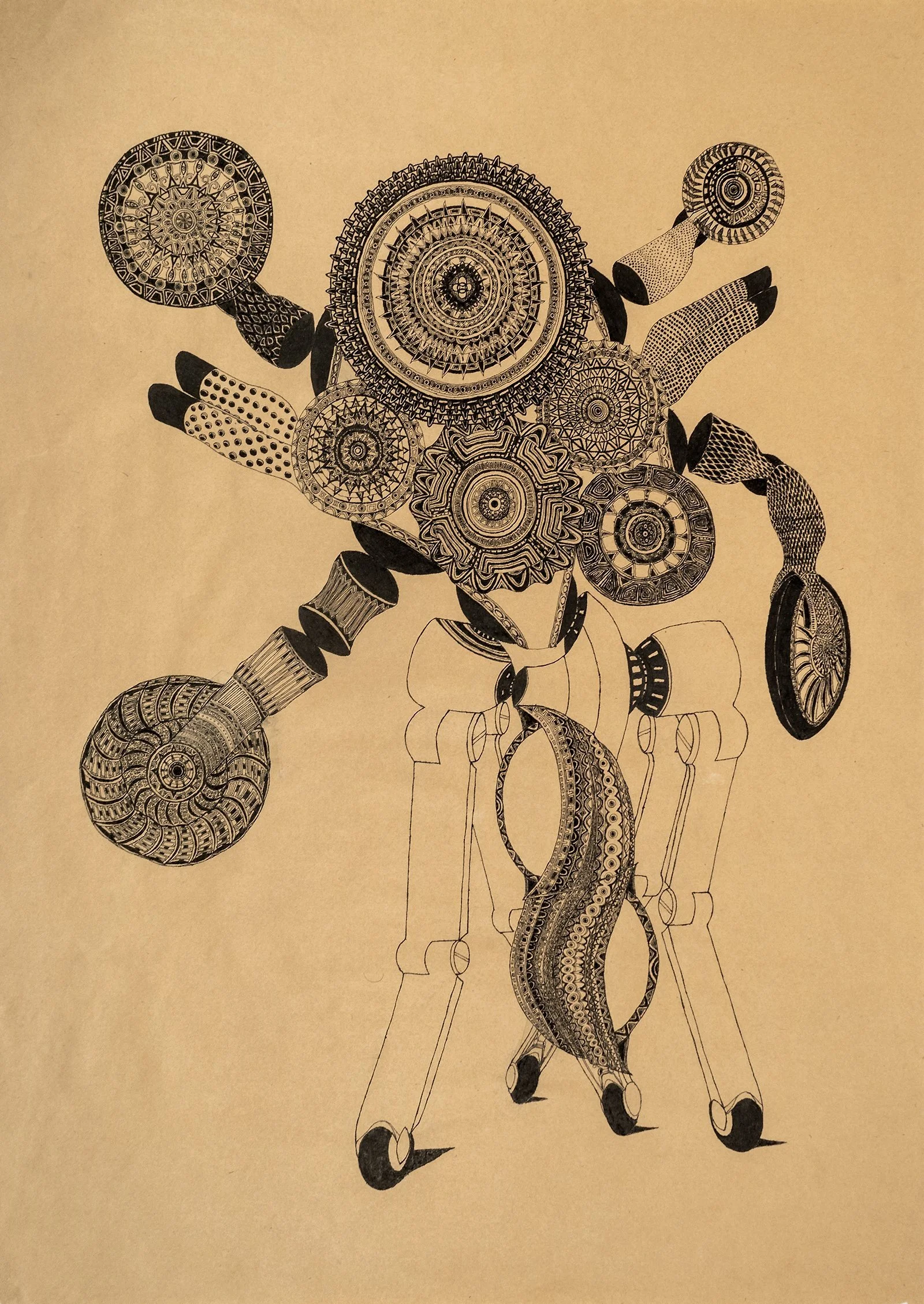 Sepia coloured with a variety of different sized, elaborately decorated circles, some appearing on arms. All sit atop plain, hinged mechanical legs on wheels. One larger circle appears to be the head.