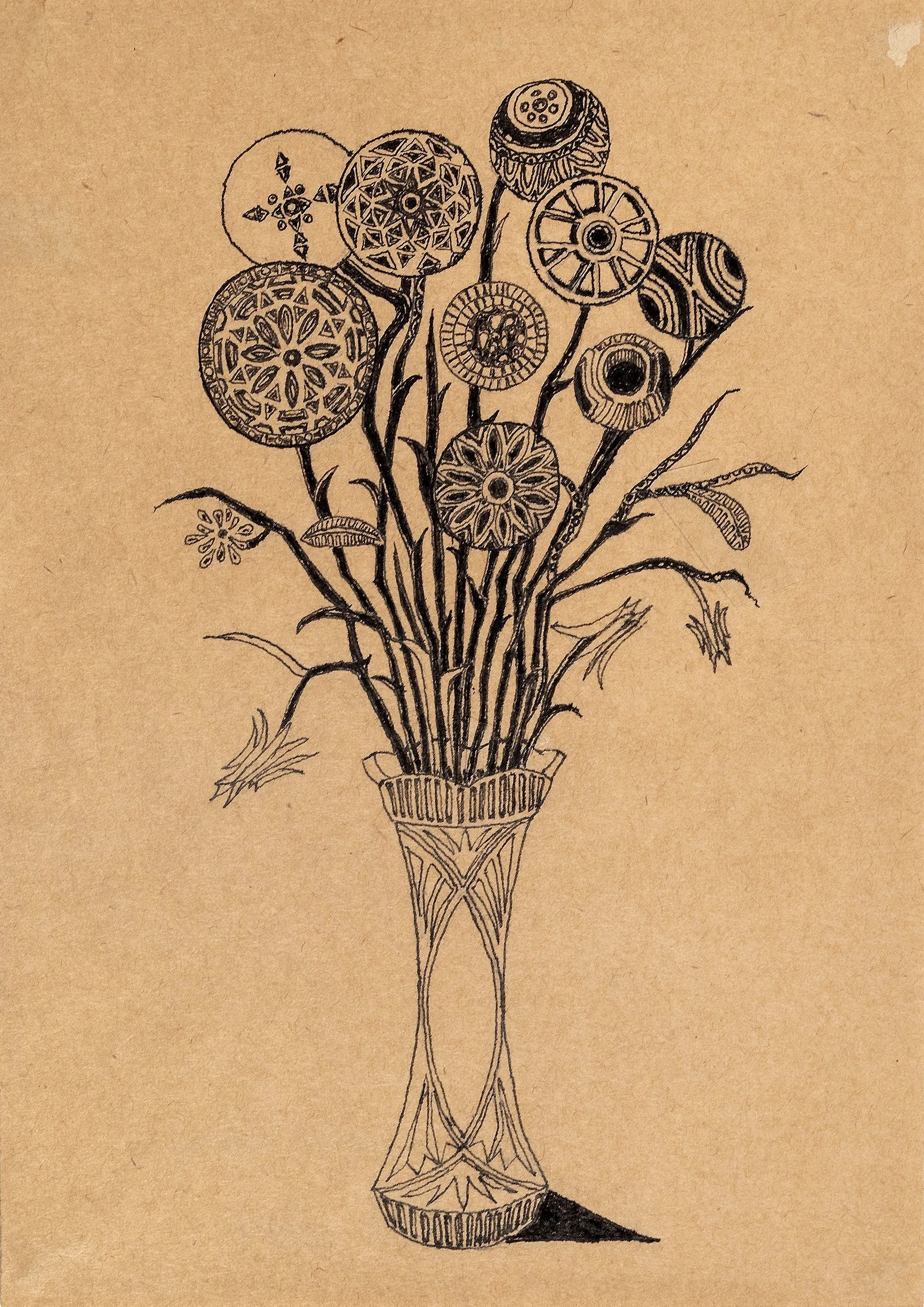 Tall patterned vase with oval shape in middle, containing many circular patterned flowers with thin black stems. Shorter flowers protrude either side with different, more angular leaves and flowers.