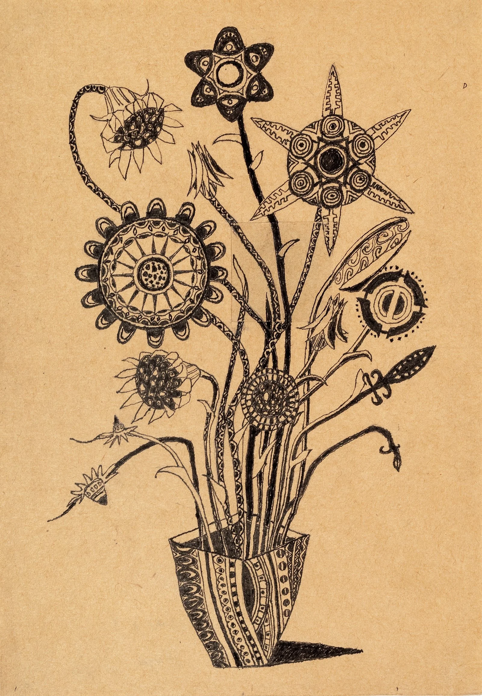 Squat, patterned flower pot with many different sized black flowers emerging from it, some resembling sunflowers &amp; chrysanthemums, whilst others are spikier. All on a sepia background.