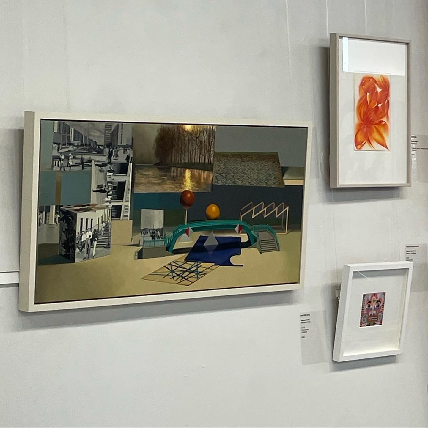   Installation photograph from the Oxmarket Open 2022. Left is Louise Bristow, top right is Cara Macwilliam and bottom right is Valerie Potter  