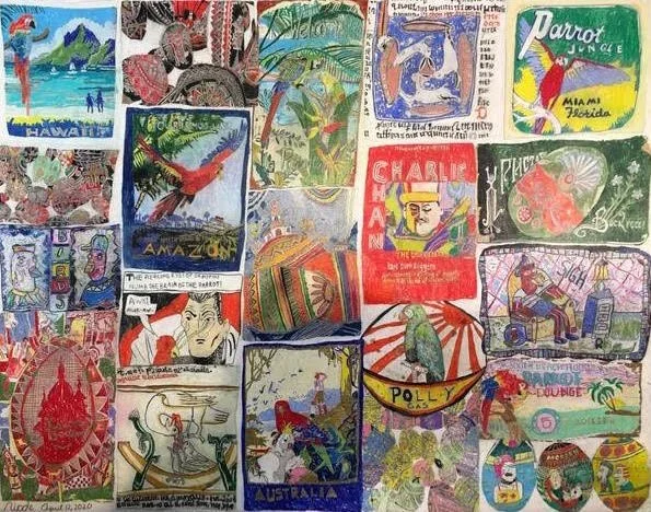 A bright pencil crayon drawing featuring small mini scenes in a series of squares and rectangles across the piece. Small bits of text and copies of pictures feature in each square in high detail