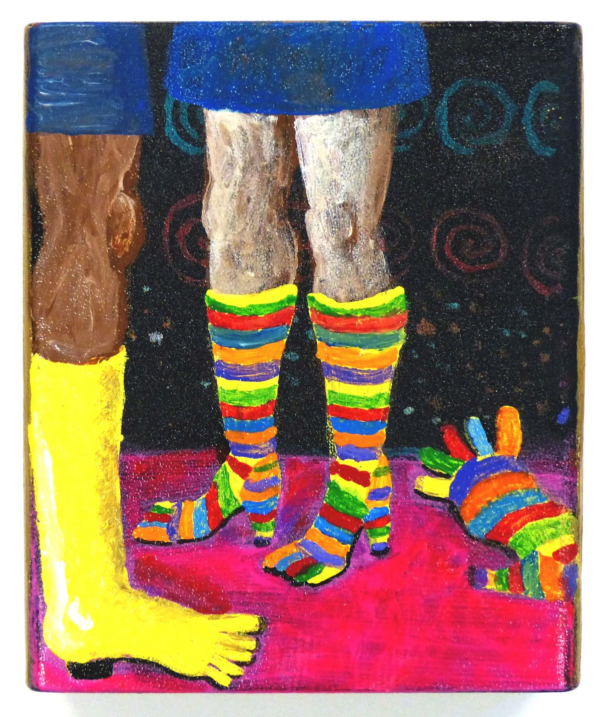A painting with two sets of legs, one white and one brown. One has stripey knee high boots & the other yellow, both with toes like how gloves go over fingers. Bright pink floor. Black swirled backdrop