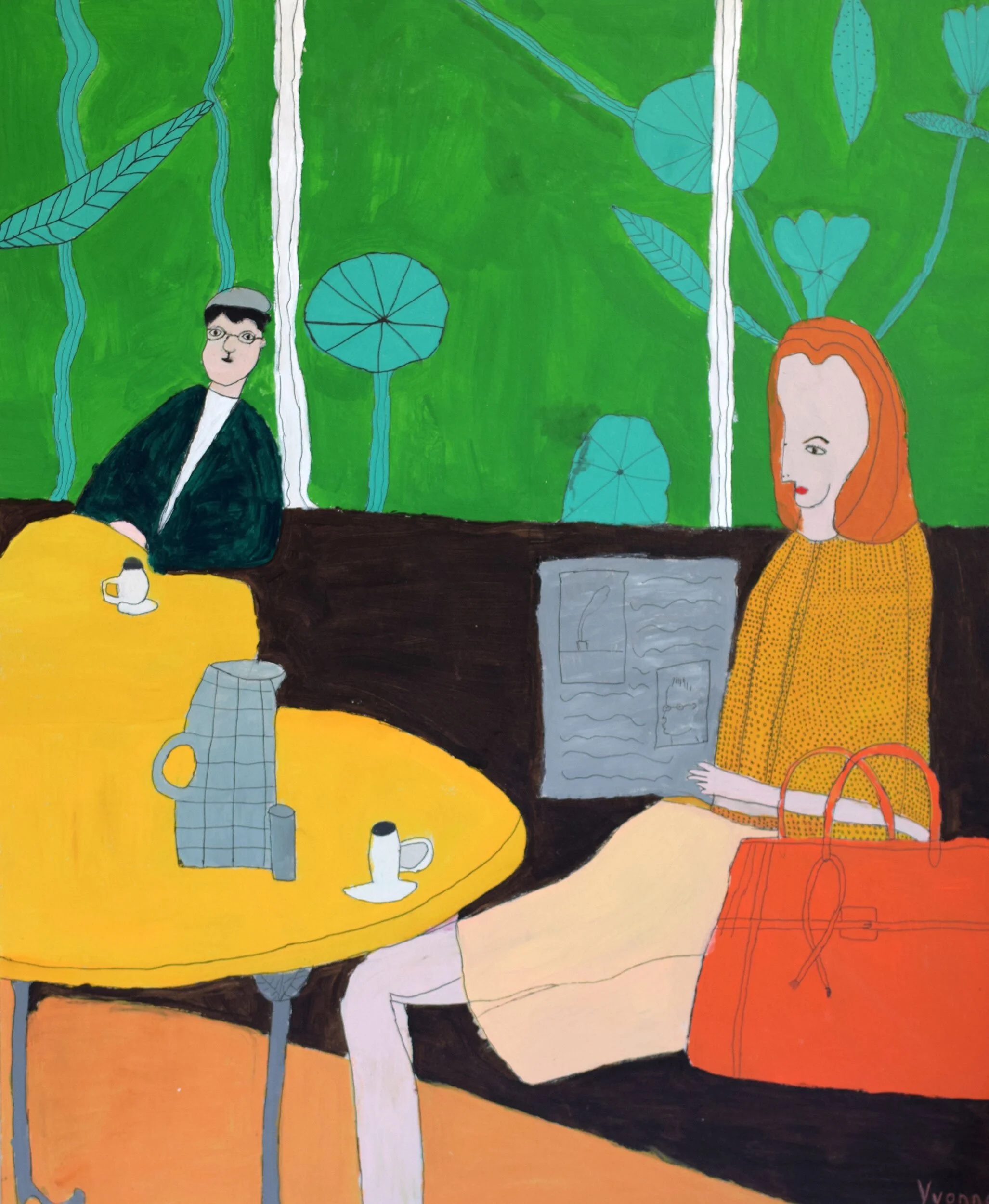 A painting of lady with red hair & a man with black hair & a flatcap are sitting in a bar by a yellow table. The lady has an orange bag next to her. The wallpaper behind them is green with plants on.