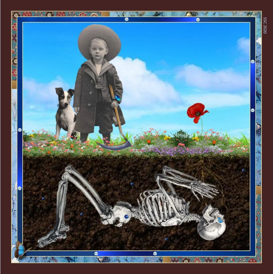 A digital collage of a figure in black & white with a dog next to them standing on grass with blue sky behind. Under them in the soil is a skeleton lying facing upwards holding a poppy that sticks up.