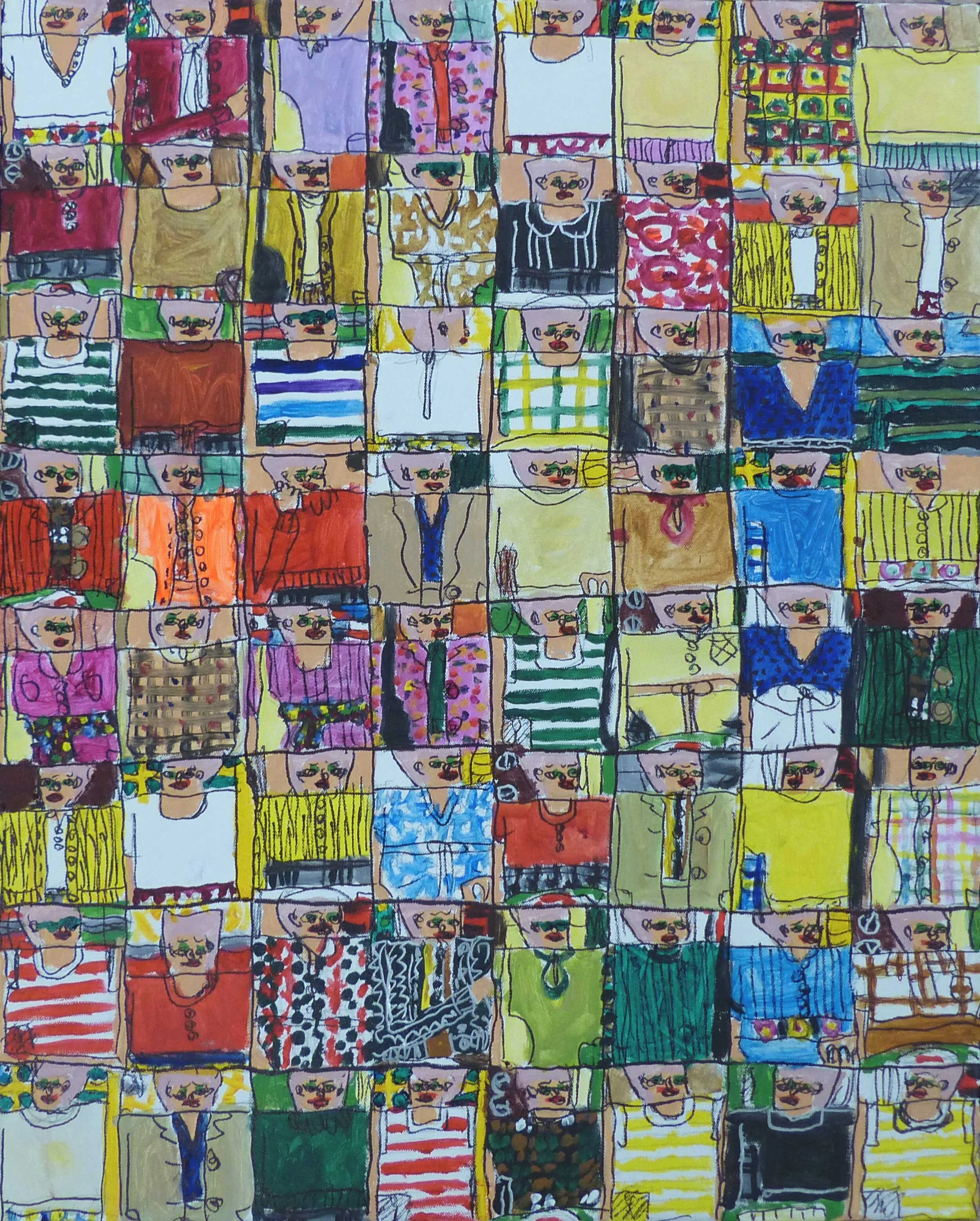 A grid like painting of Susan Brown drawing pictures of her mother from the waist up and the different outfits that she has seen her in. It is 8 people wide & 8 people in length in varying outfits.