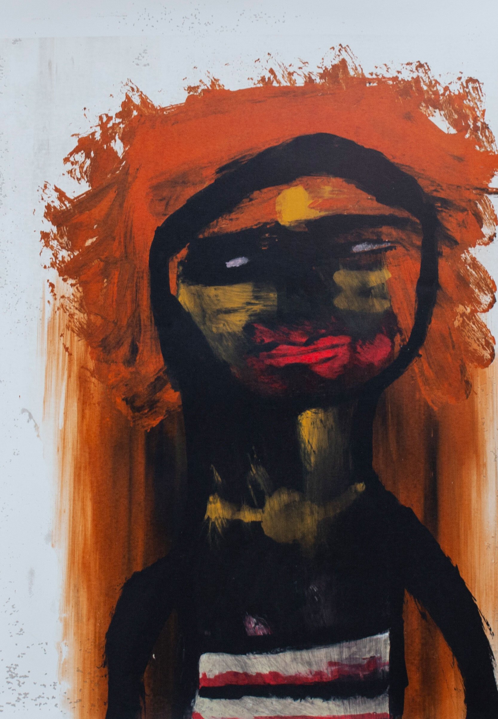 A print of a figure from the waist up with a mass of orange hair, bright red lips and a white and black striped boob tube top. The figure is printed in black with heavy black outlines.