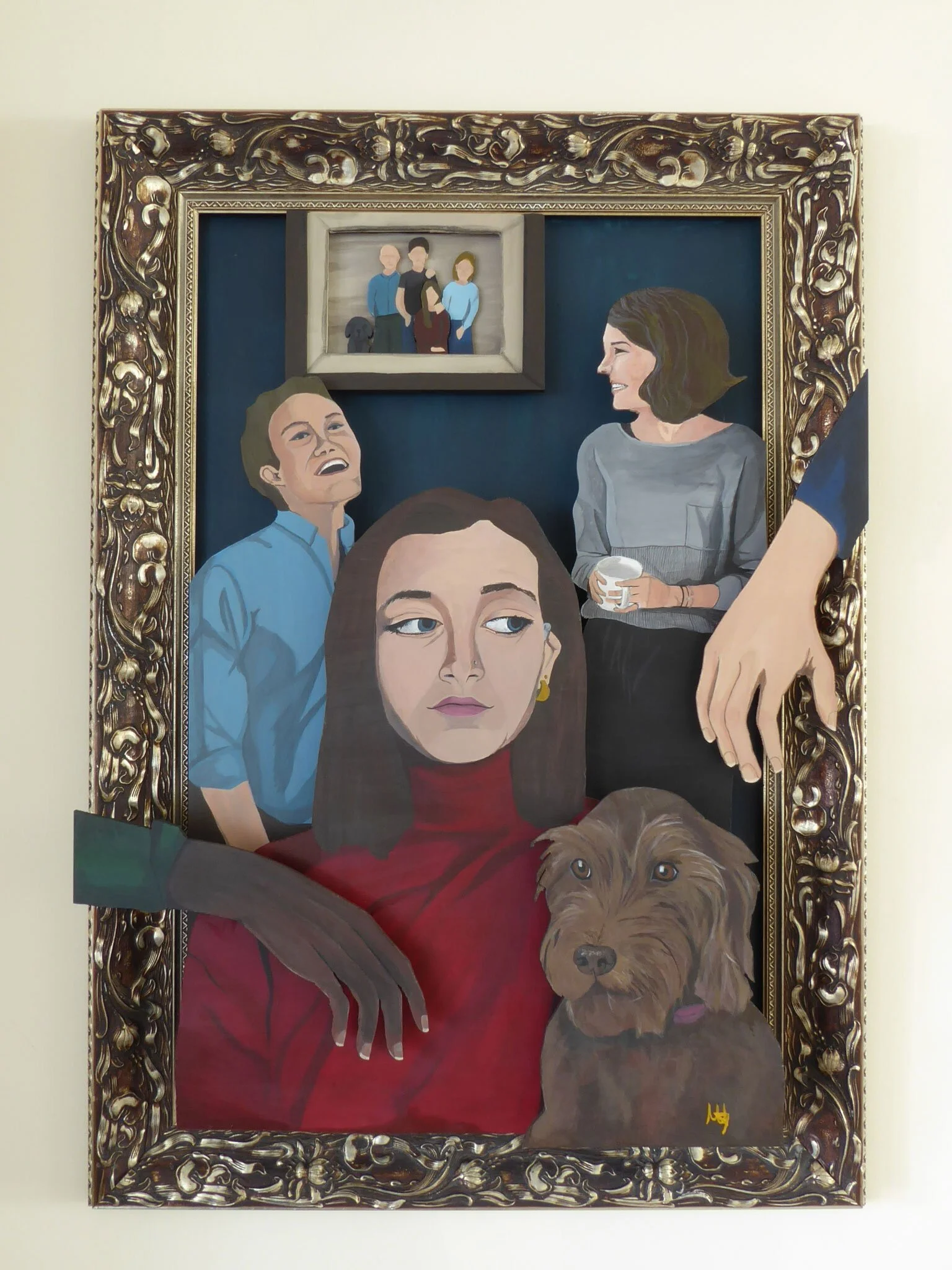 A painting on wood that has been built up in layers to give a 3D appearance. Muted colours used. Central top half of a lady in a red top, with a dog next to her. Two people laughing in the background.