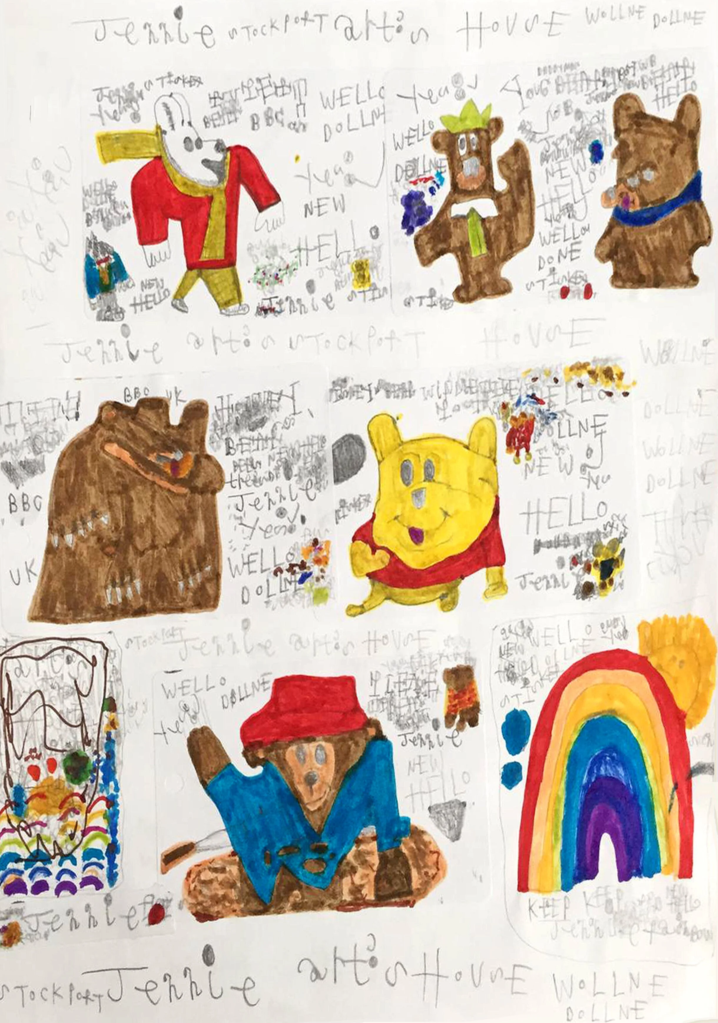 A series of 9 mini drawings of children's characters like Winnie the Pooh and Paddington, with Jennie's handwriting around them featuring her name and other things she has read & copied down in pencil