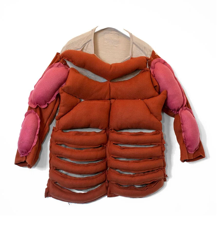 A textile piece in tones of red, pink and flesh. It looks like a jumper padded in sections to show muscles and ribs. 