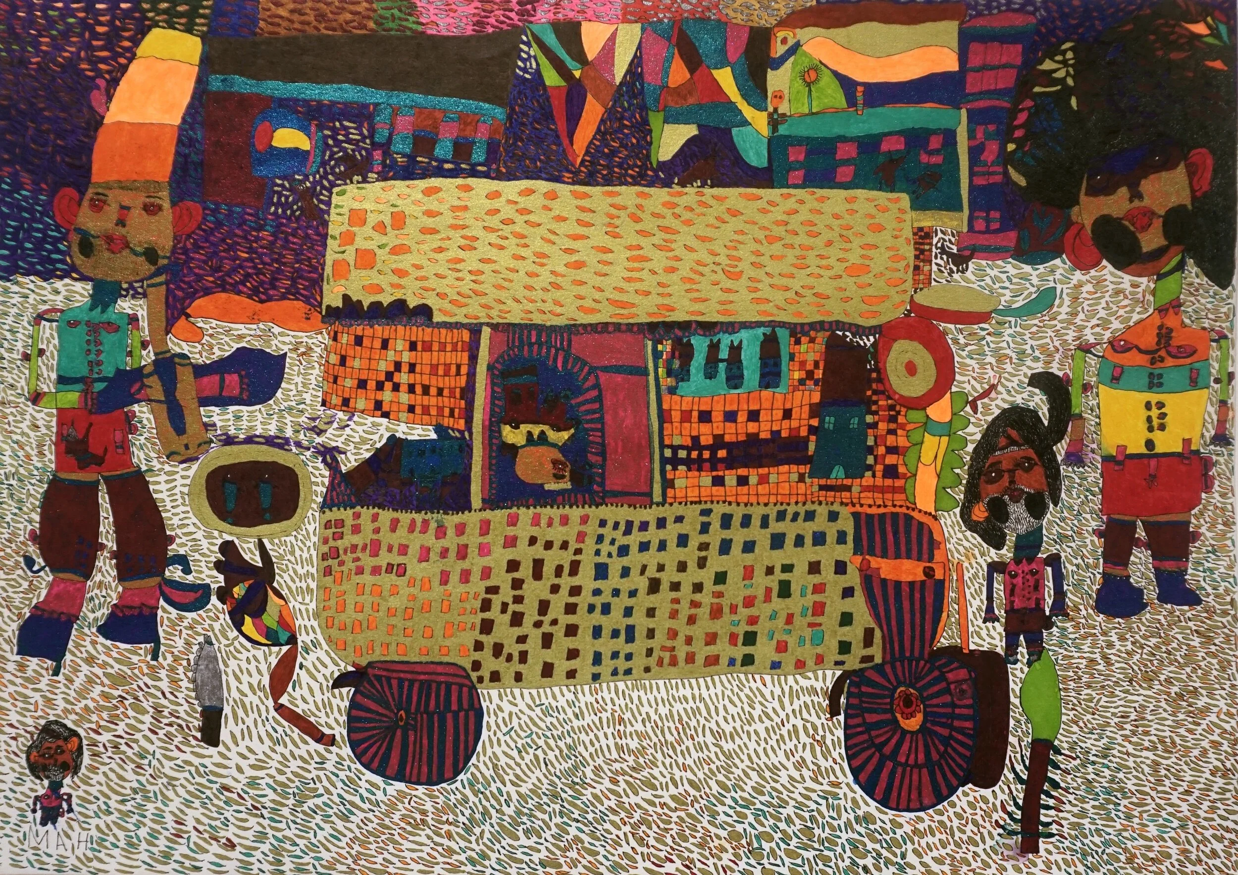A colourful drawing of several figures around a central vehicle that looks like it is selling goods. It is made up of lots of small shapes of colour one next to another. A highly patterned background.