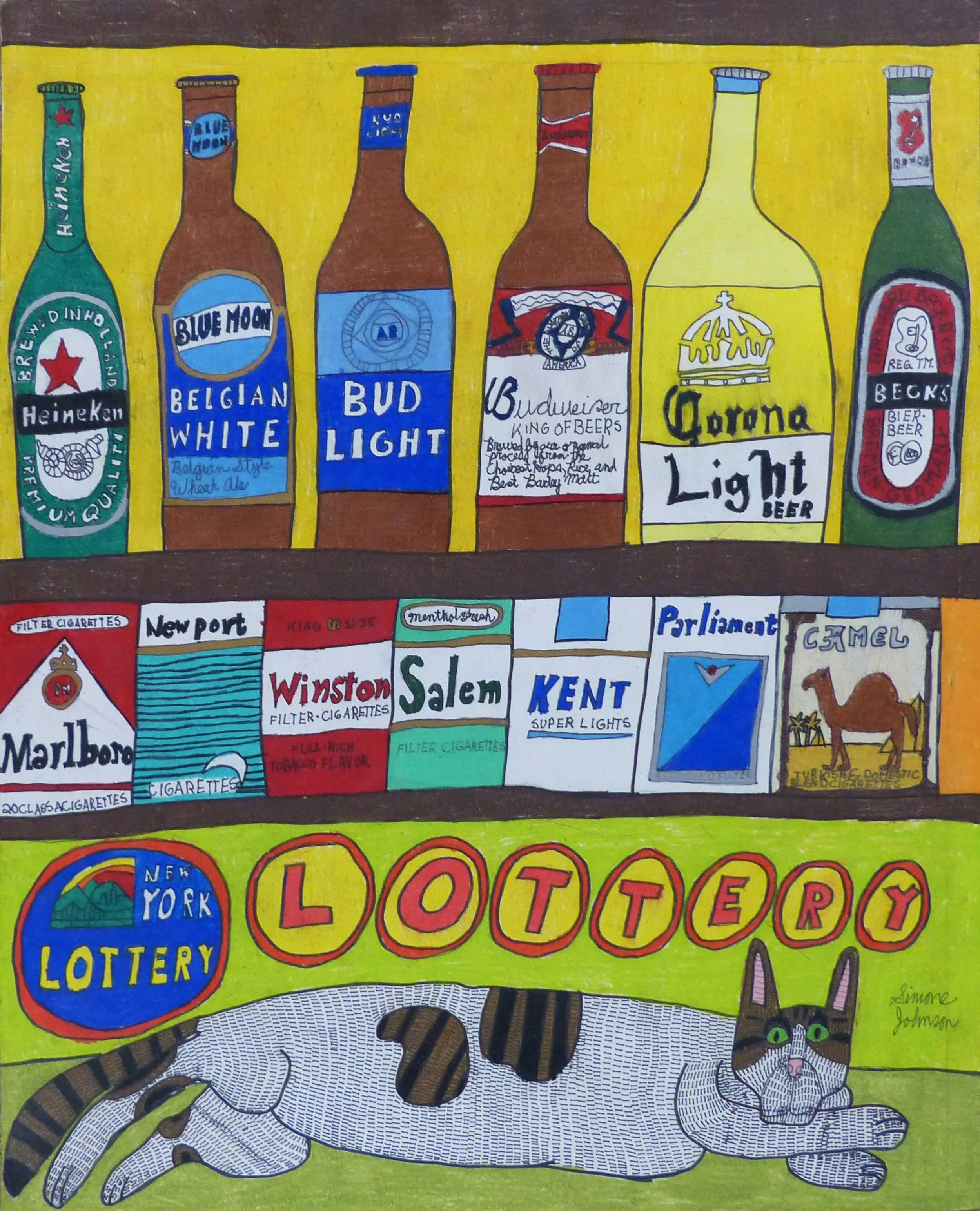 A bright drawing of a brown & white cat lying across the bottom of the page - the words lottery written in circles above. A row of colourful cigarette packets above this & a row of alcohol above that.