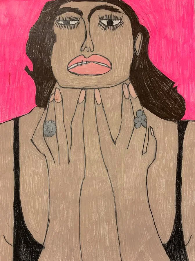 A drawing of a woman with brown hair and pale pink lips on a bright pink backdrop. The woman can be seen from the chest up with her hands up under her chin and rings on. A black top is worn.