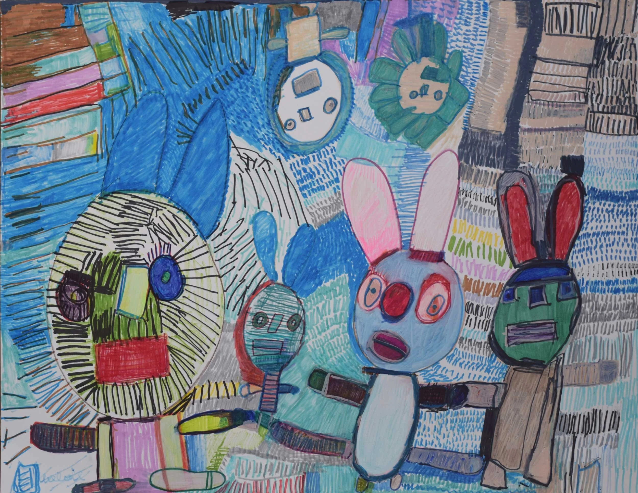 A drawing of different animals with large sticking up ears in different directions on the page feature. The background and the animals are coloured with different markings & colours.