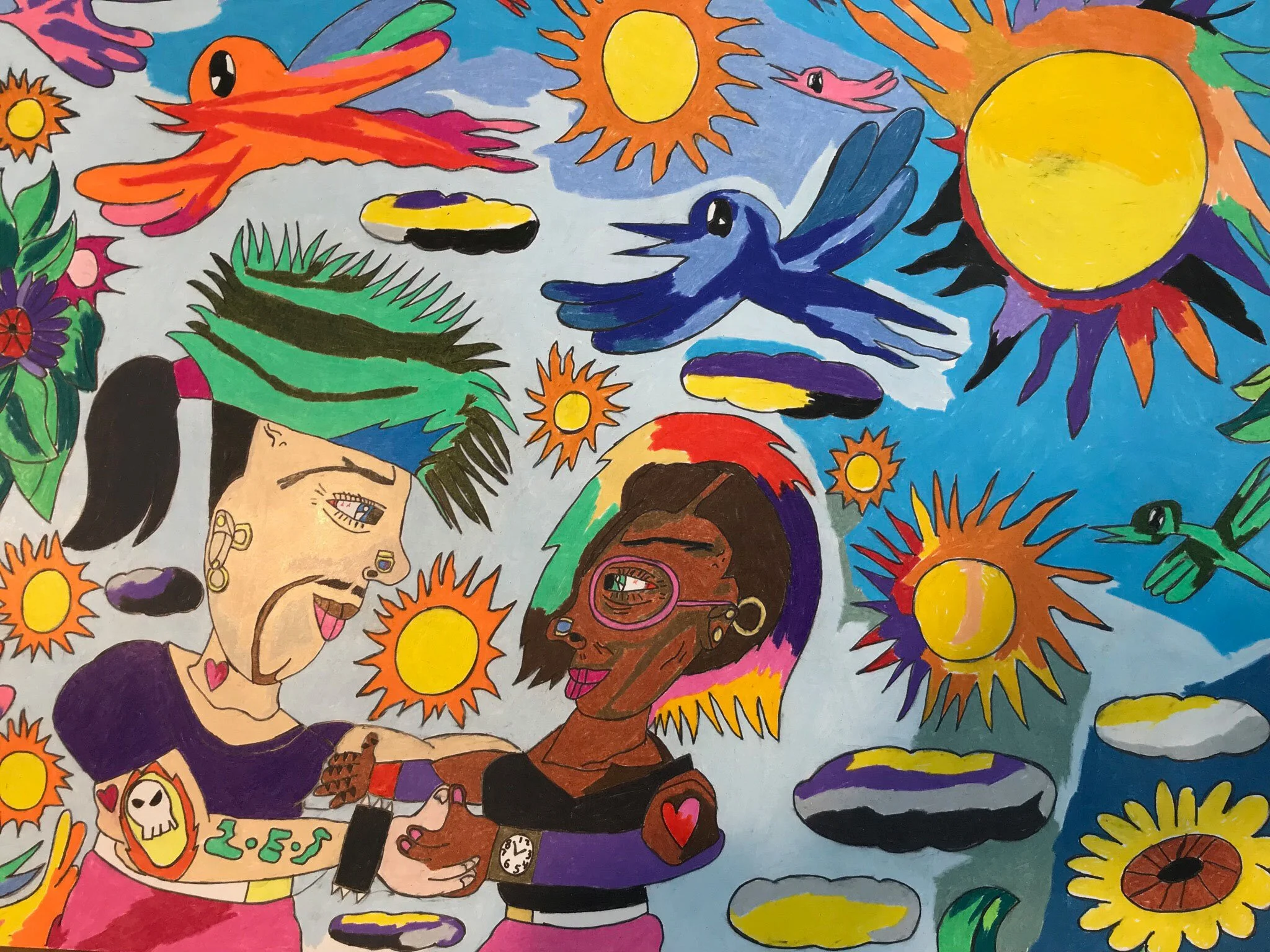 a bright coloured drawing of a couple (a white man and a black lady) holding hands on the bottom left. Two birds fly above & a big yellow sun in the top right & centre. Flowers feature at the bottom 