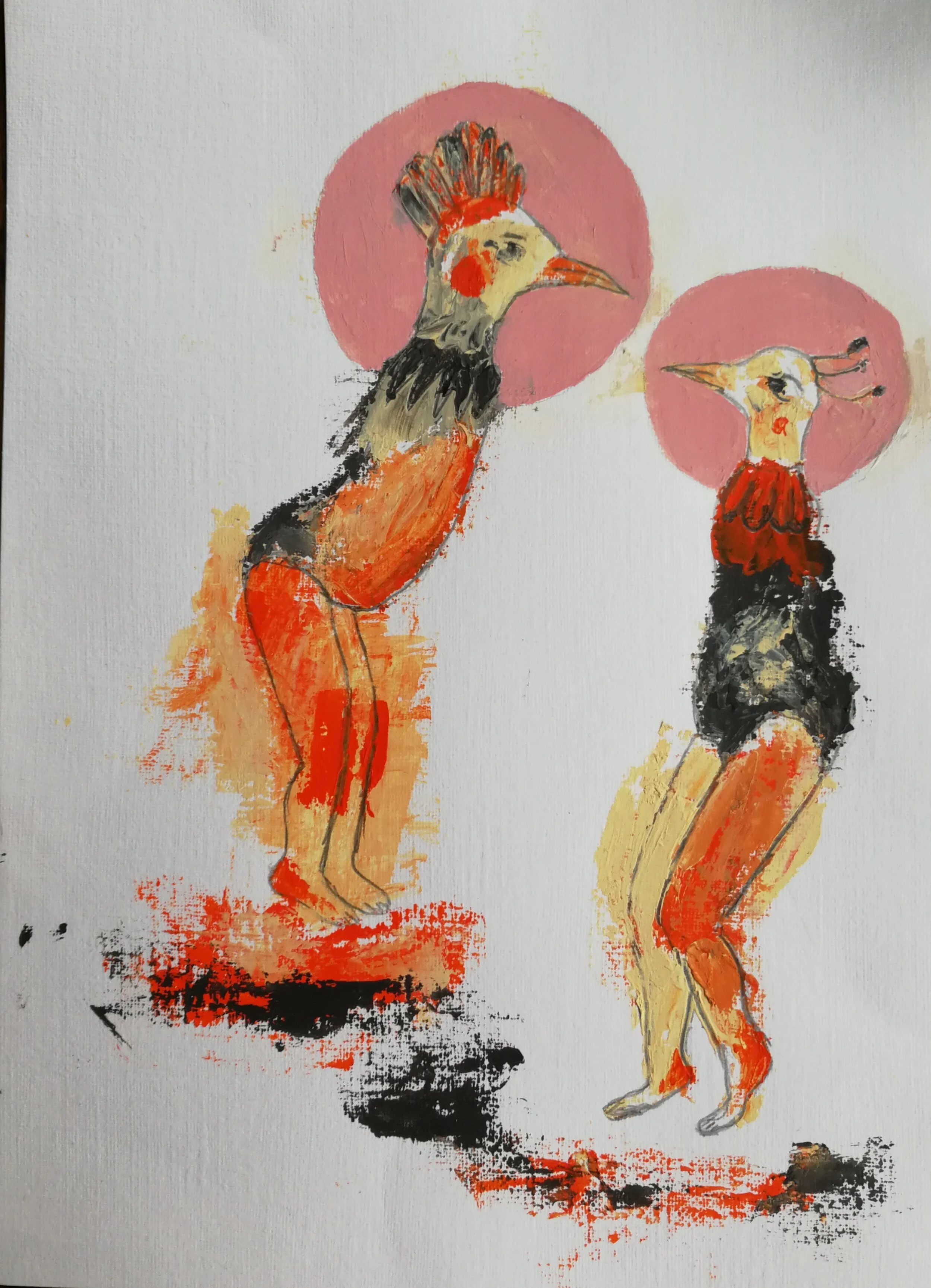 Two human bodies face each other, but each has a bird head with fancy feathers on the top and a pale pink circle around the head. The bodies are outlined in black, with black, orange and red featuring
