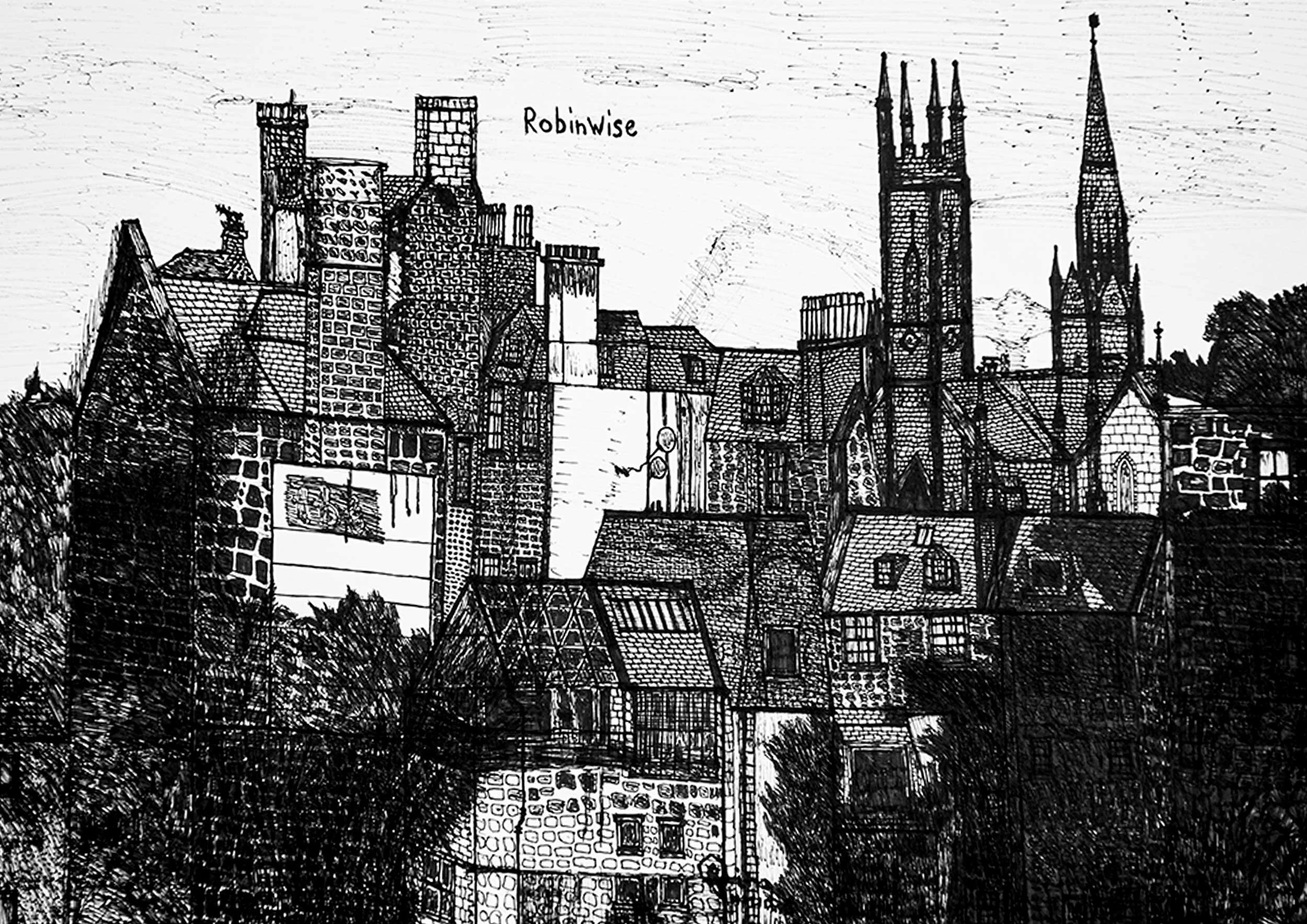 A black pen drawing on white paper of a city view with lots of buildings and a church and trees. Things like brickwork have been clearly drawn in, so lots of detail and sky left plain.