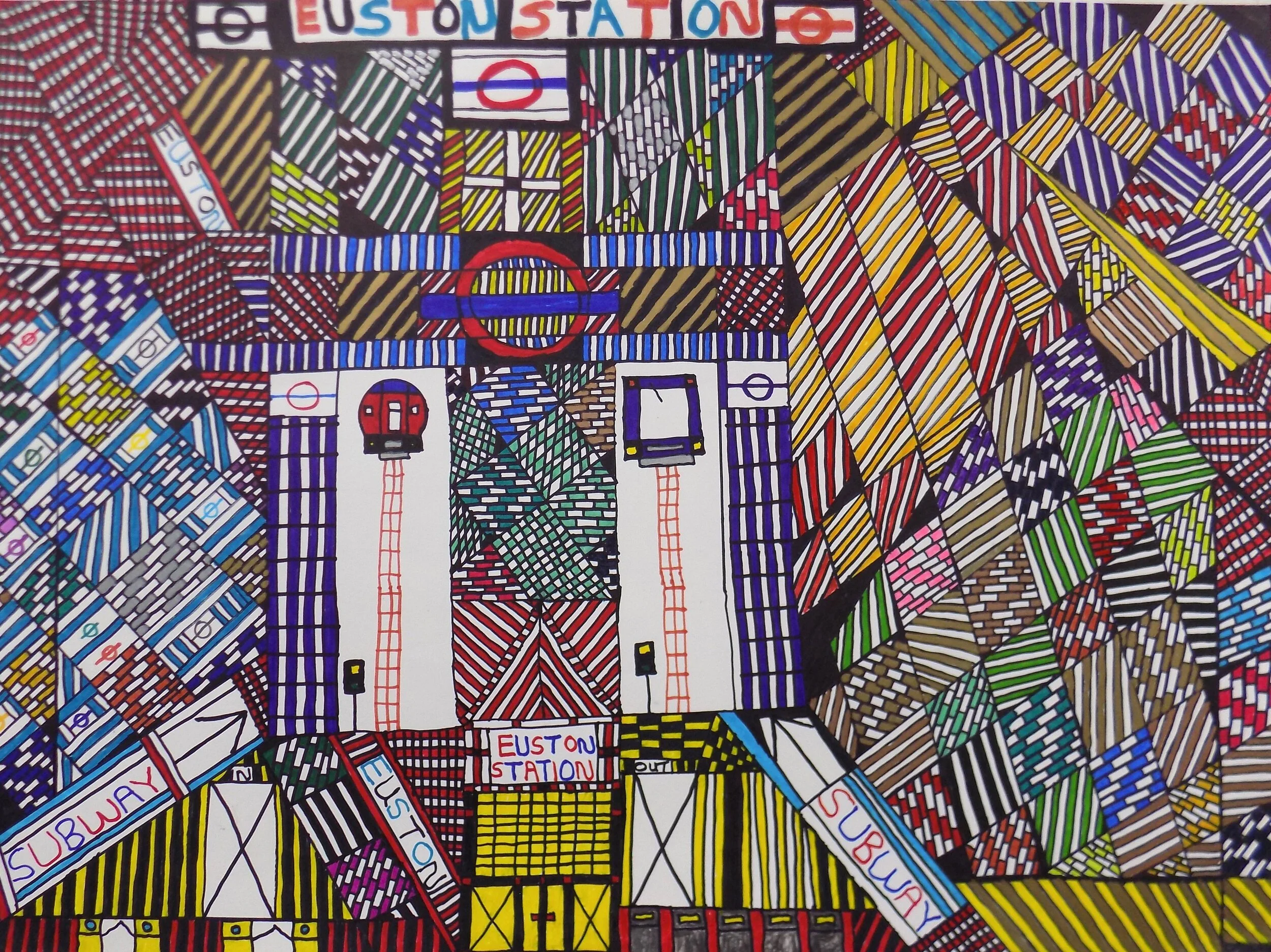 A bright image with high patterning. The words Euston Station are top centre with a big tube sign underneath and some tube trains with high patterning in lines around the edges and sides.