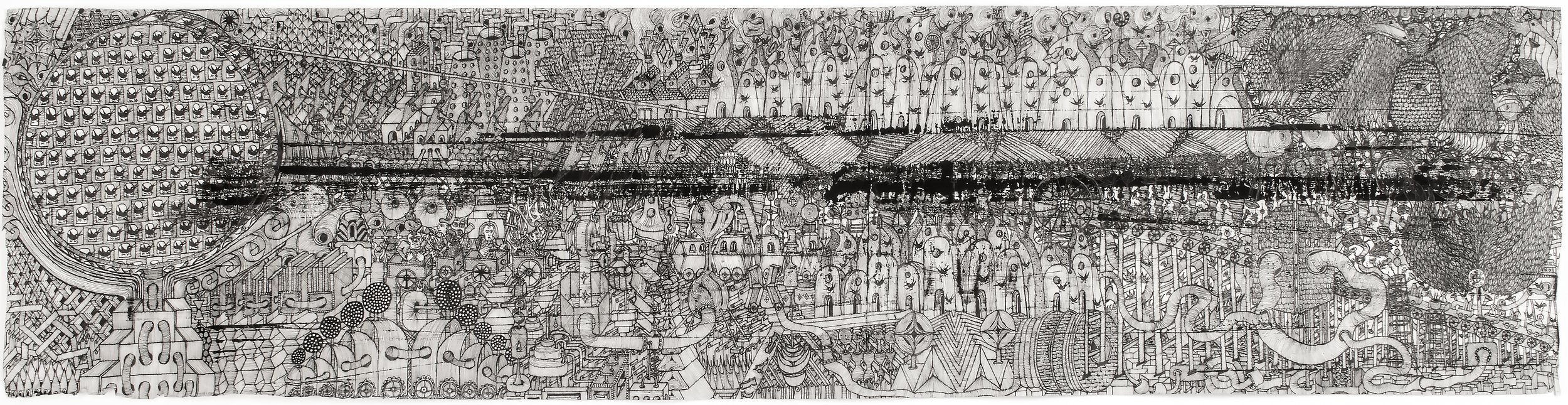 A long thin heavy detailed drawing in black pen on very thin paper featuring buildings, lttle birds coming our of holes in a wheel on the left and many different kinds of marks throughout