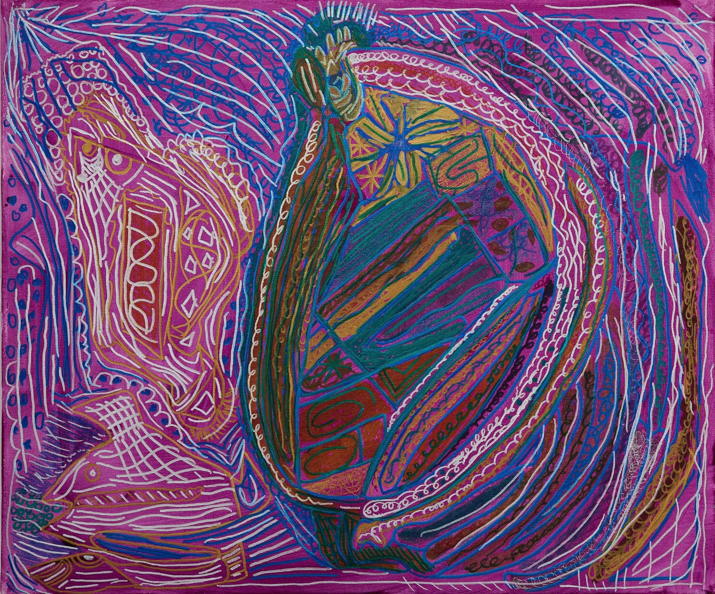 Richard Hunt, Sea World: Tropical of the Twist, Acrylic paint and sharpies on canvas, 60x50cm. Courtesy the artist and Shadowlight Artists.jpg