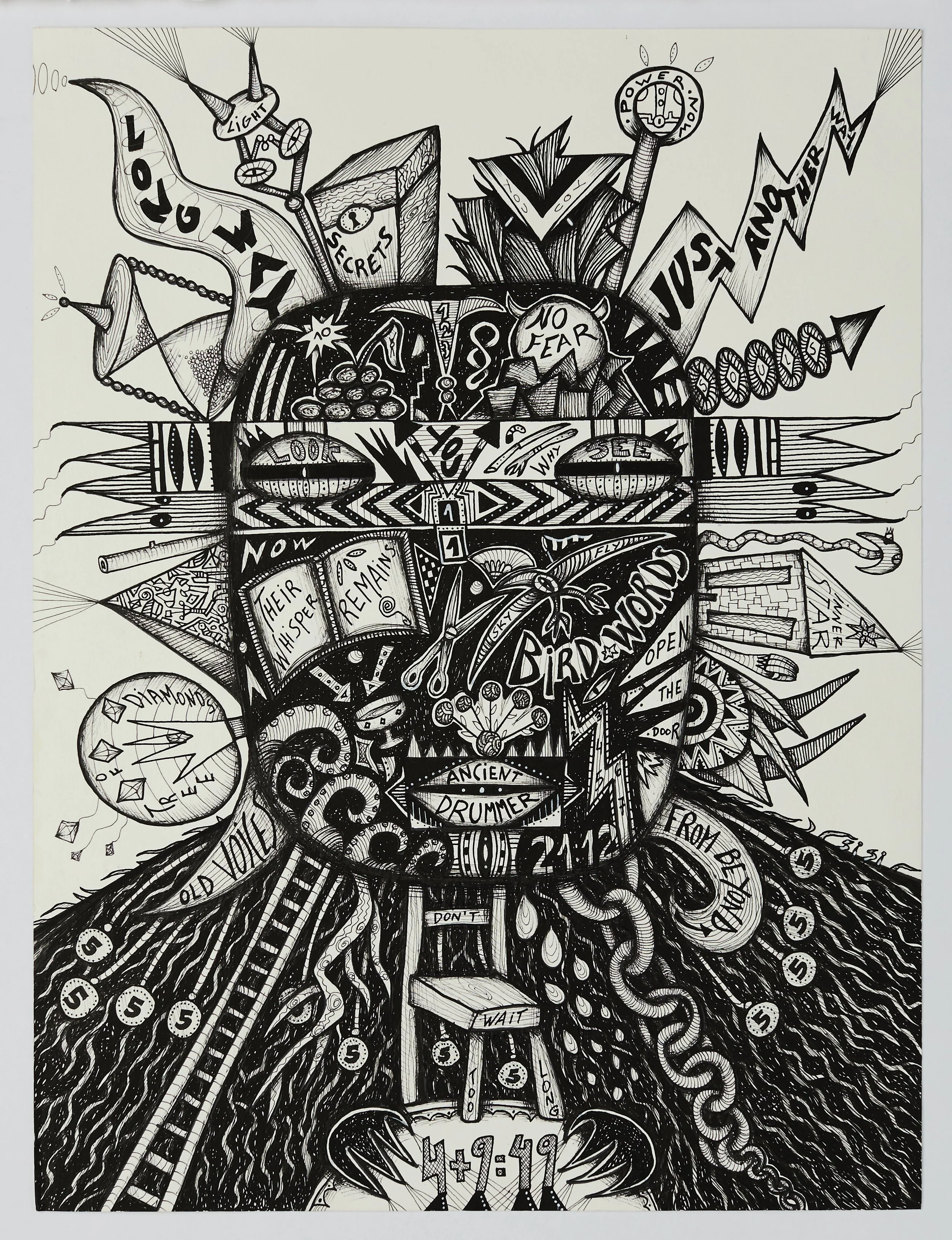   Ancient Drummer,  2016 Ink pen on card 30x40.2cm, 11.8x15.7 inches Photo by Laura Hutchinson 