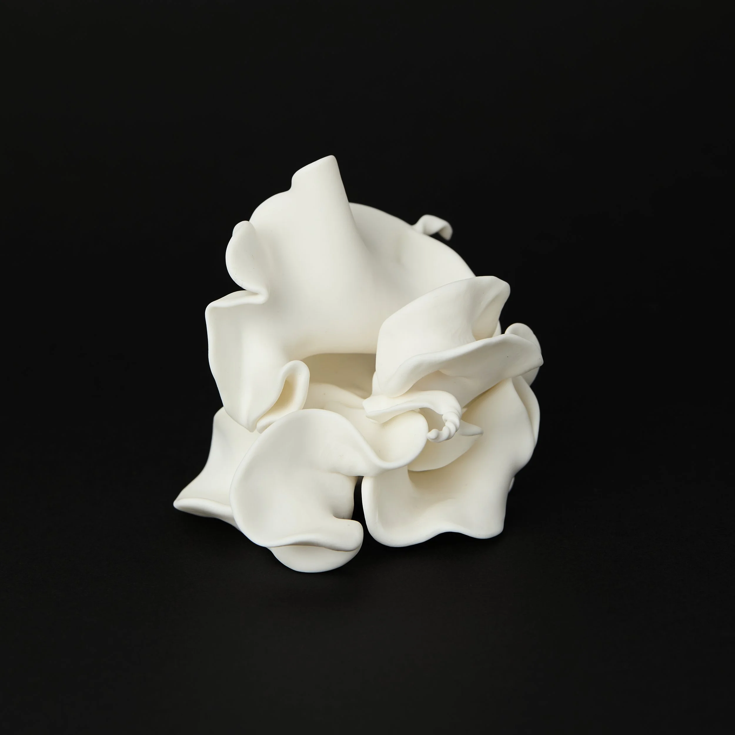 Small white polymer clay sculpture resembling leaves curling &amp; folding around each other into the centre with a single coiled spike on right hand side which also curves inwards
