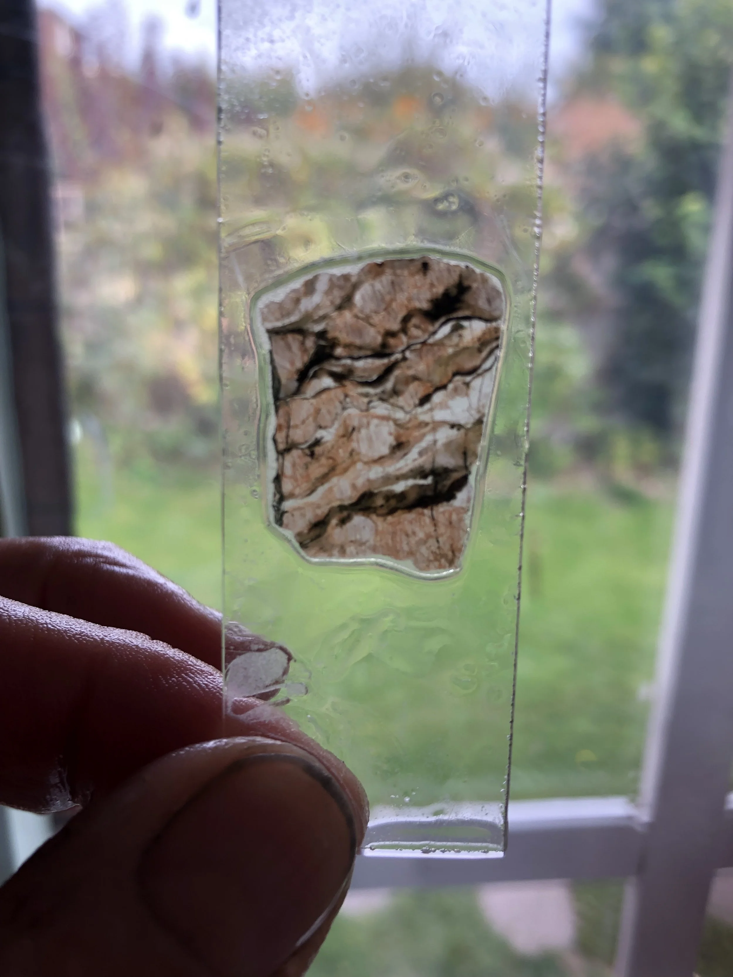 Close-up of a cracked stone embedded in a transparent plastic sheet, being held up in front of a window during daytime with blurred trees outside.