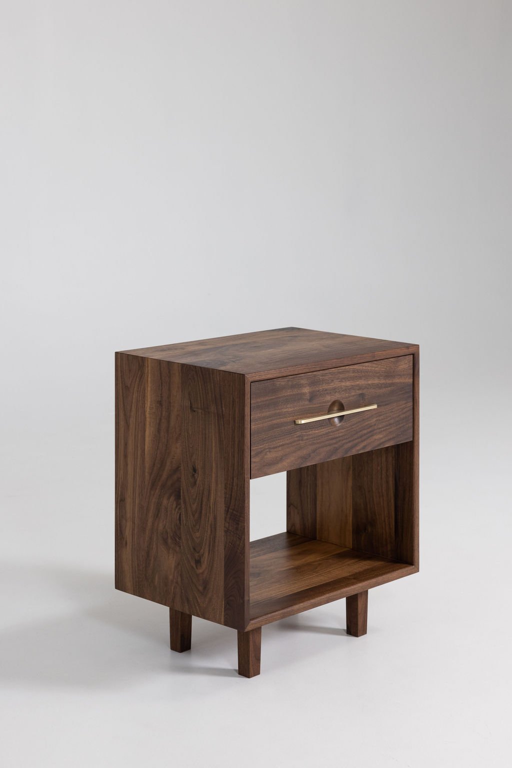 Singular Black Walnut Bedside Table with Open Bottom Storage Golden Handle on drawer