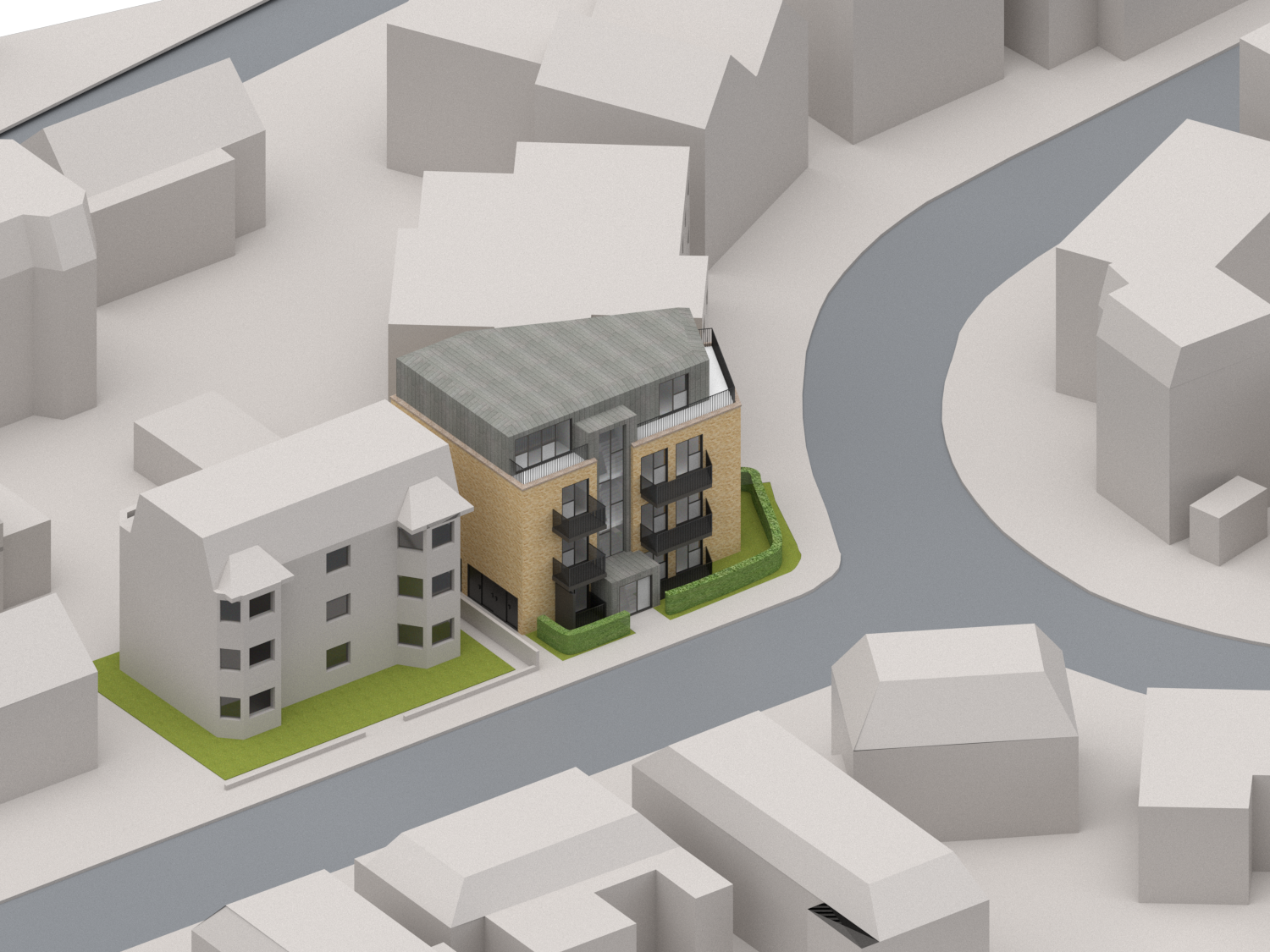 Ariel view of a four-story block of flats with multiple balconies and large windows, surrounded by trimmed hedges. The foreground and background consists of adjacent minimalist buildings, enhancing the urban feel of the scene. The overall atmosphere