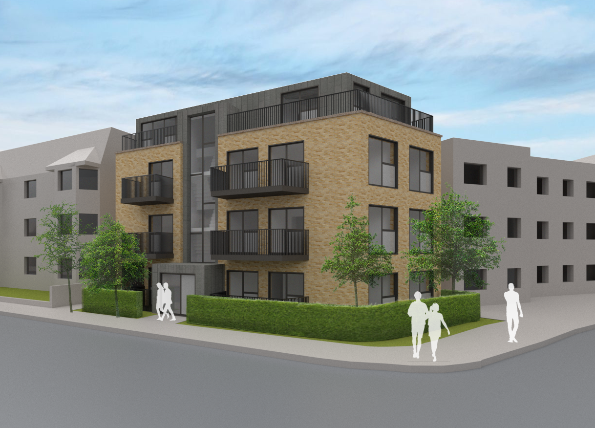 A four-story block of flats with multiple balconies, surrounded by trimmed hedges and small trees. The foreground includes a corner pavement with pedestrians, and the midground emphasises the building's clean lines and large windows. The background c