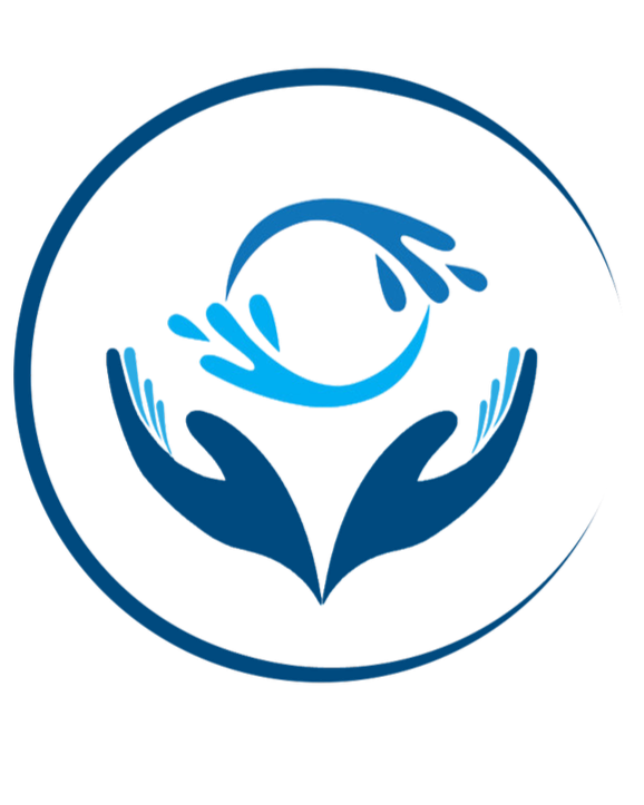 A stylized logo featuring two hands holding a water droplet, encircled by a thin ring, in shades of blue and black.